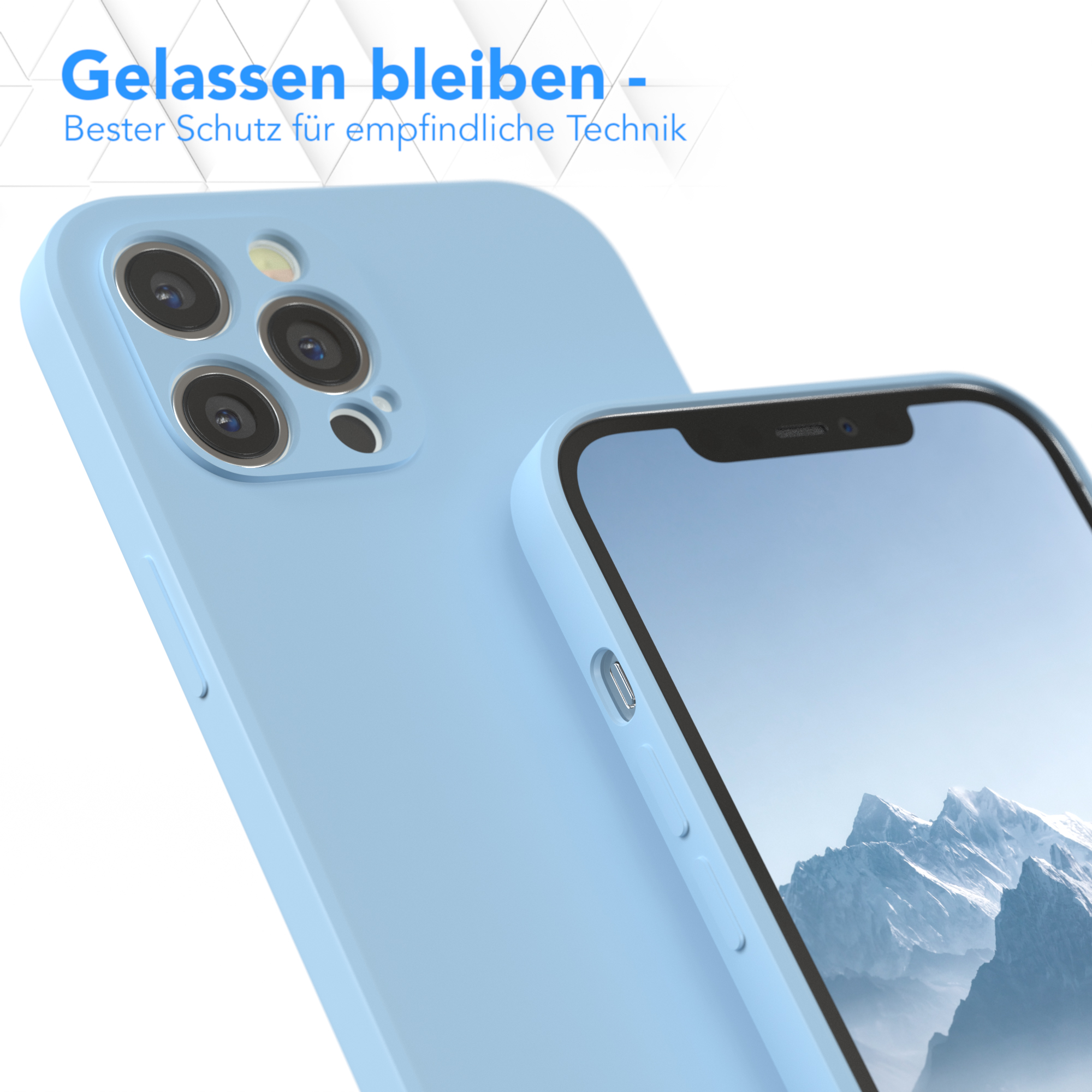 Blaue Handyhülle mit Telefon darin, auf weißem Hintergrund.