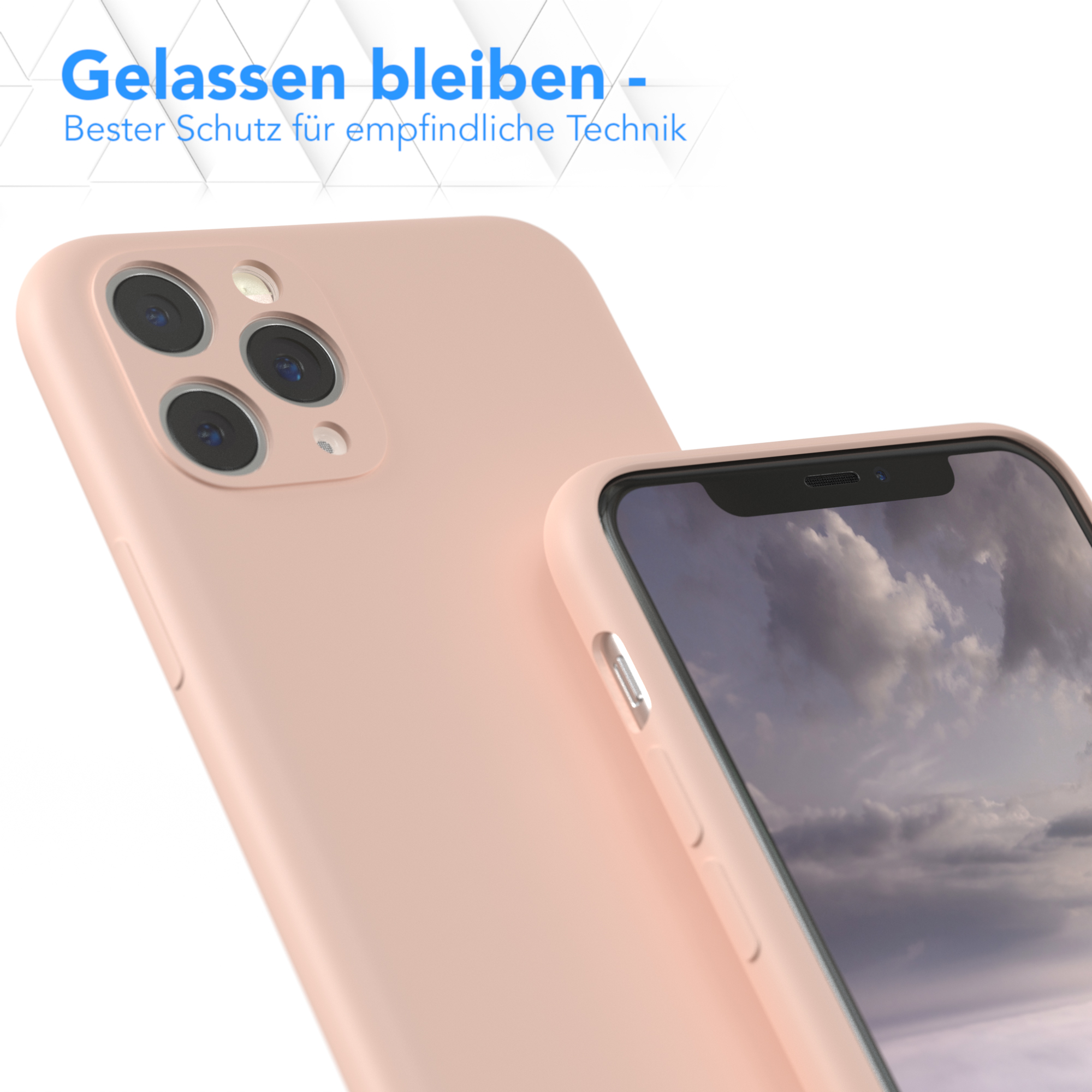 Rosa Telefon und Hülle, Text: Gelassen bleiben - Bester Schutz.