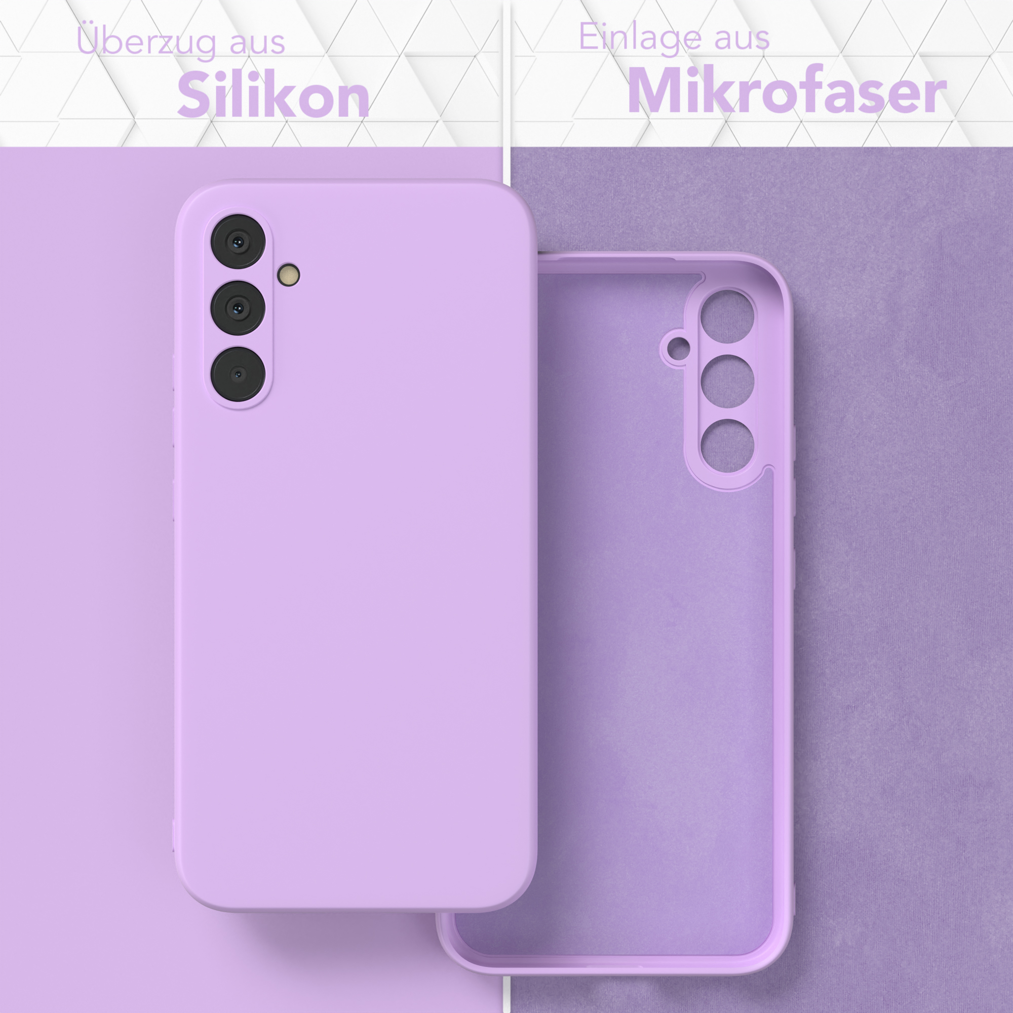 Telefonhüllen-Hälften. Lila Silikon außen, lila Mikrofaser innen.