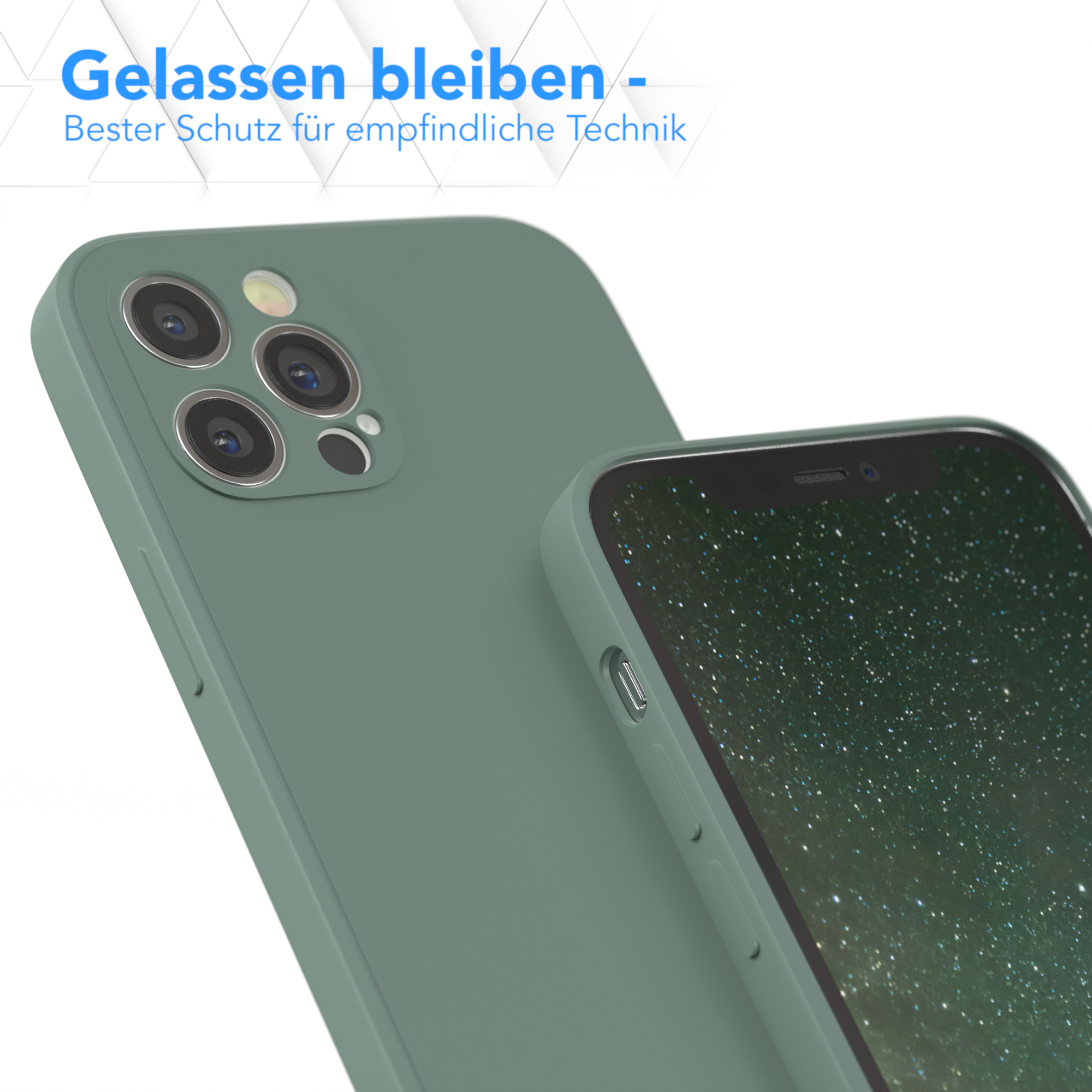 Nahaufnahme von zwei Handyhüllen, eine grün, die die Kameras des Telefons schützen.
