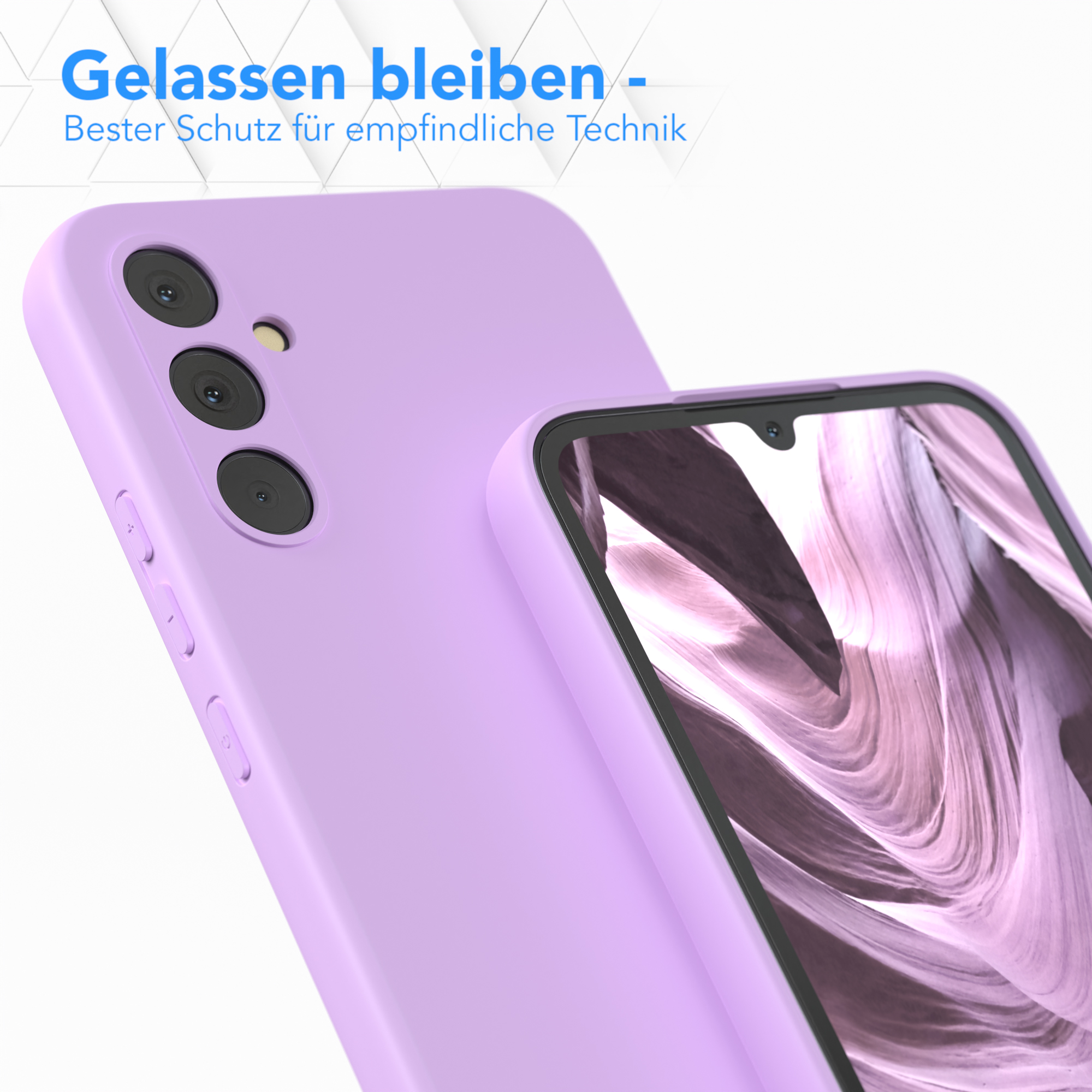 Lavendelfarbene Handyhülle mit Telefon, Nahaufnahme. Text oben. Weißer Hintergrund.