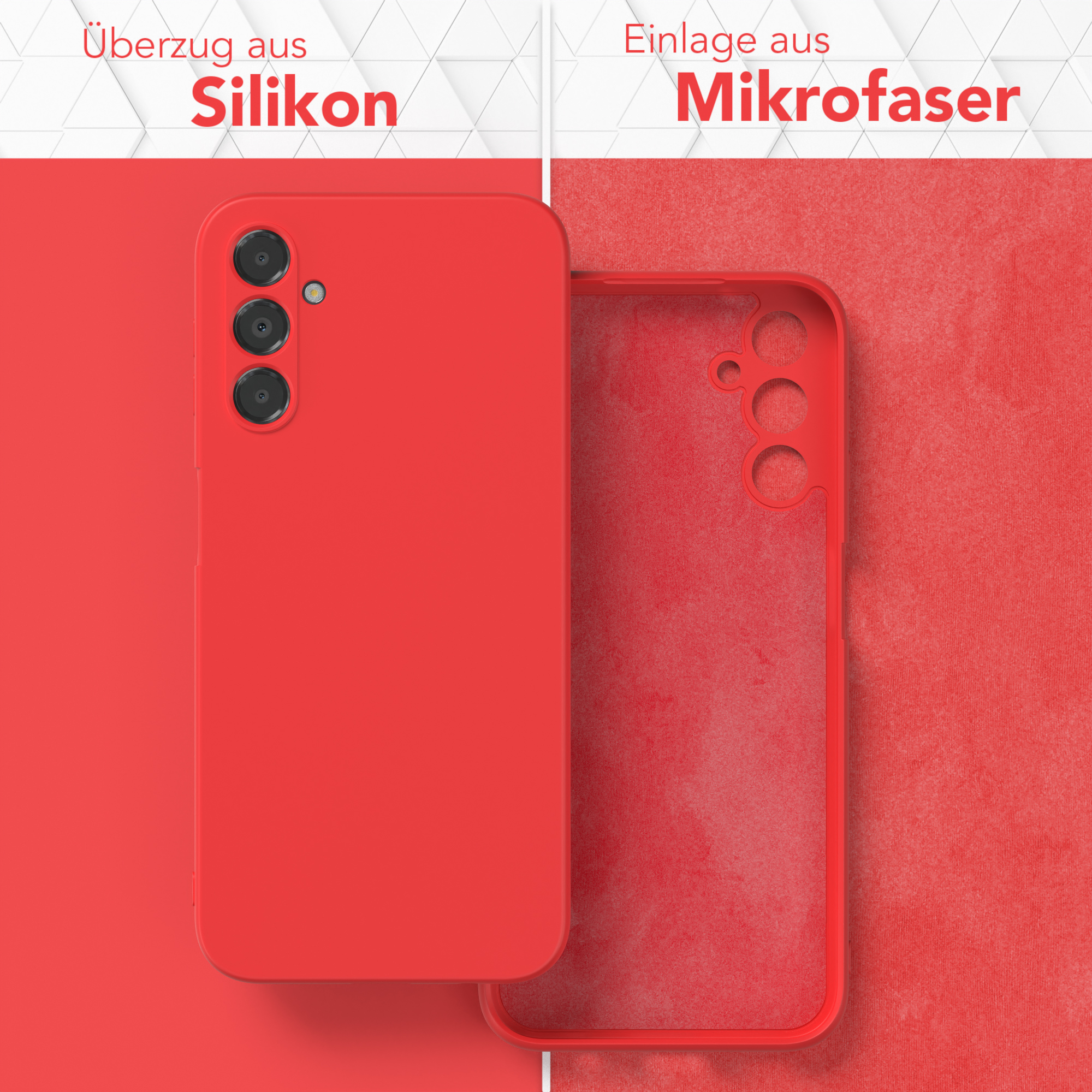 Eine rote Handyhülle. Links die Hülle am Telefon, rechts die Hülle allein, mit rotem Hintergrund.