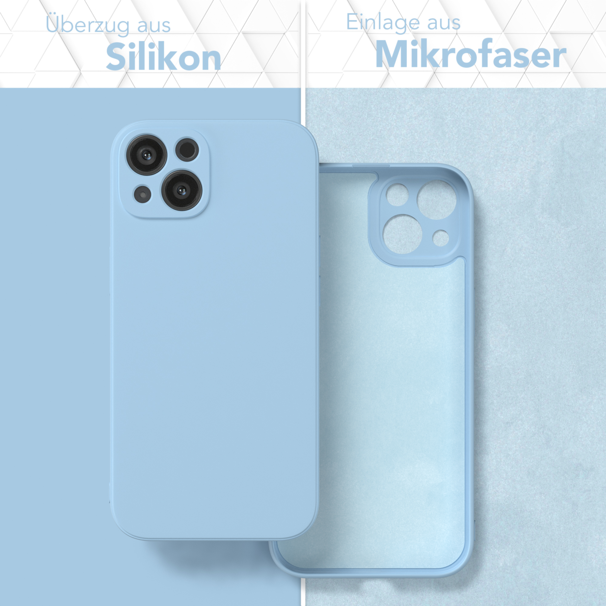 Zwei Handyhüllen, eine blaue, eine transparente. Text: Silikonhülle und Mikrofaser-Einlage.