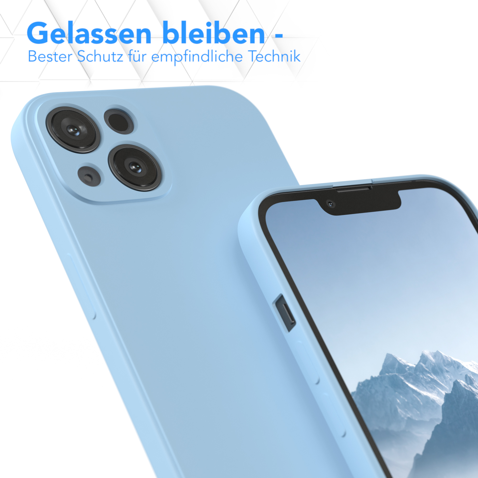 Eine blaue Handyhülle mit einem Telefon darin, vor blauem Hintergrund.