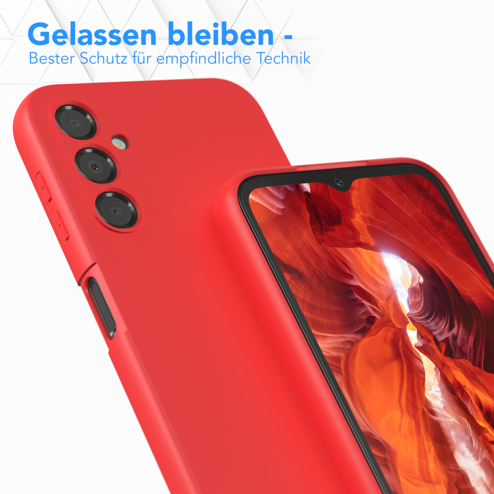 Rote Handyhülle mit drei Kameraausschnitten. Eine weitere Handyhülle im Hintergrund.