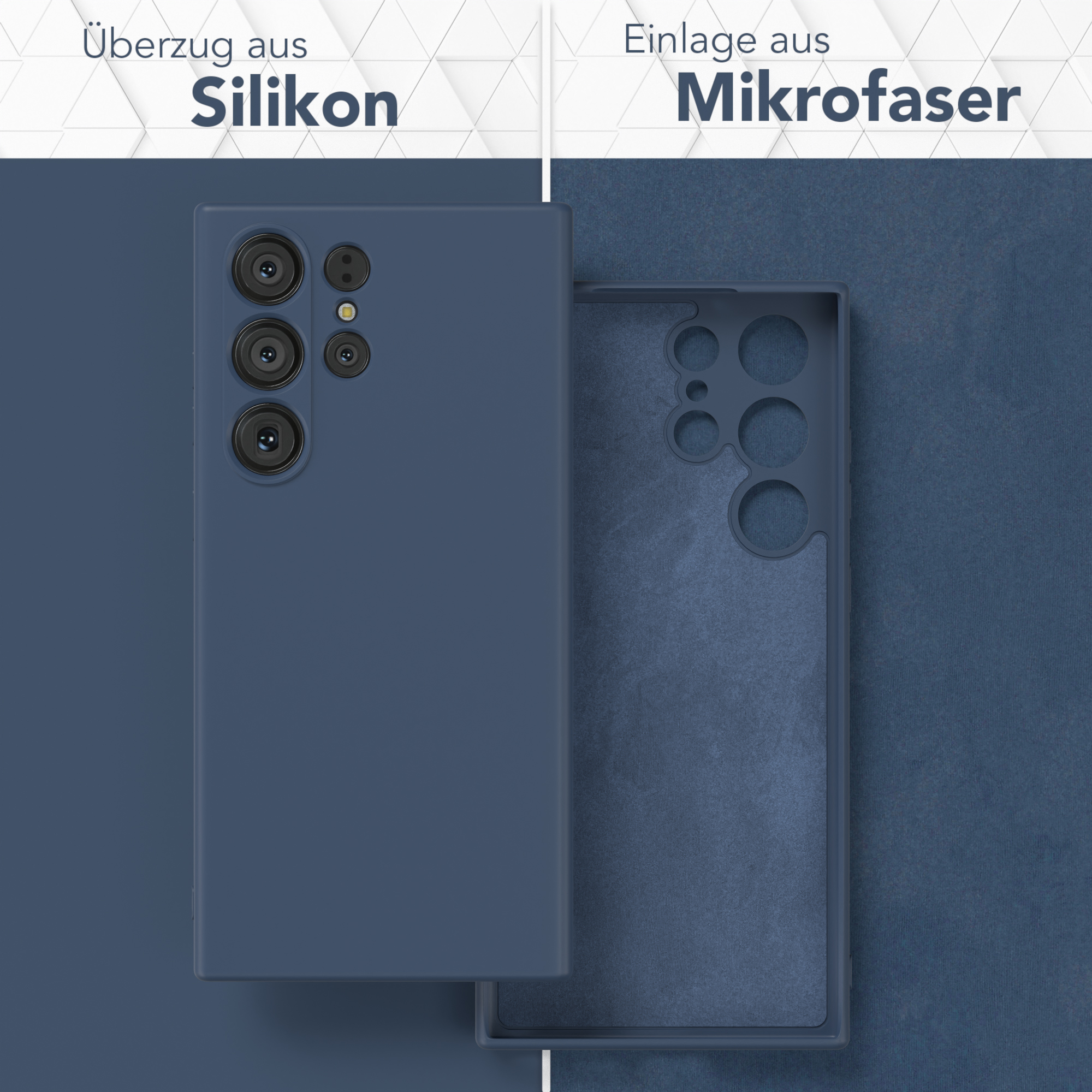 Zweiteilige Handyhülle: blaue Silikonaußenseite und Mikrofaserinnenseite, mit Text, der Silikon und Mikrofaser beschreibt.