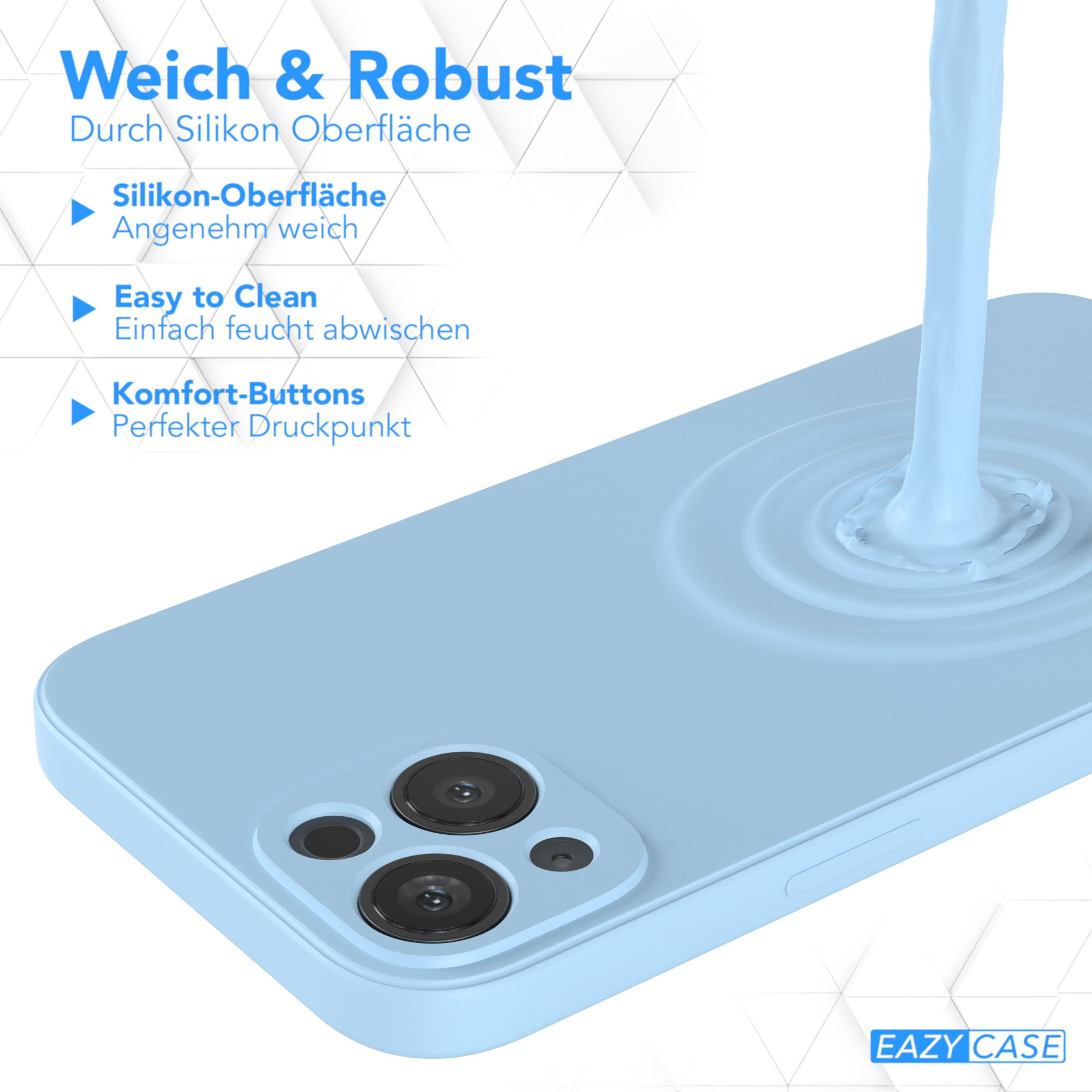Blaue Handyhülle mit Wasser, das darauf gegossen wird. Weißer Hintergrund.