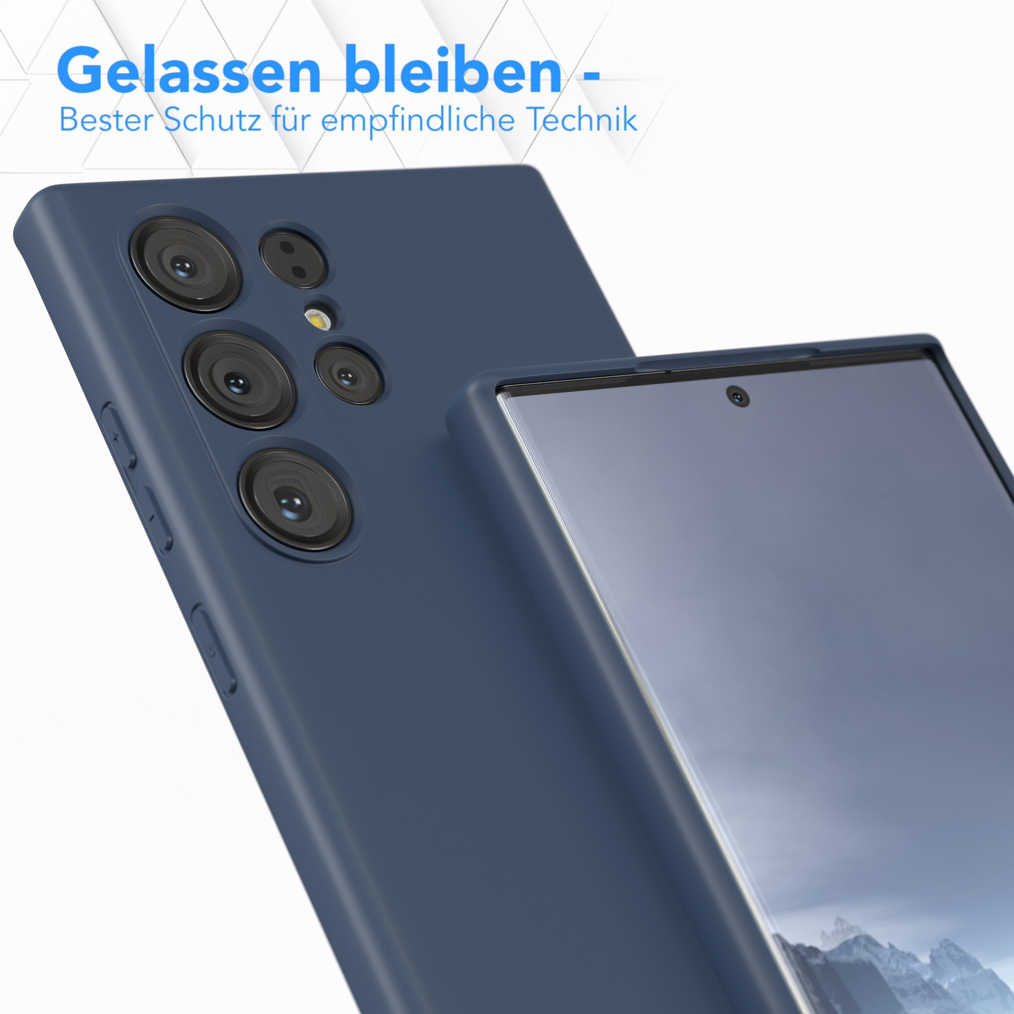 Blaue Handyhülle auf einem Smartphone. Text oben: 'Gelassen bleiben' und unten.