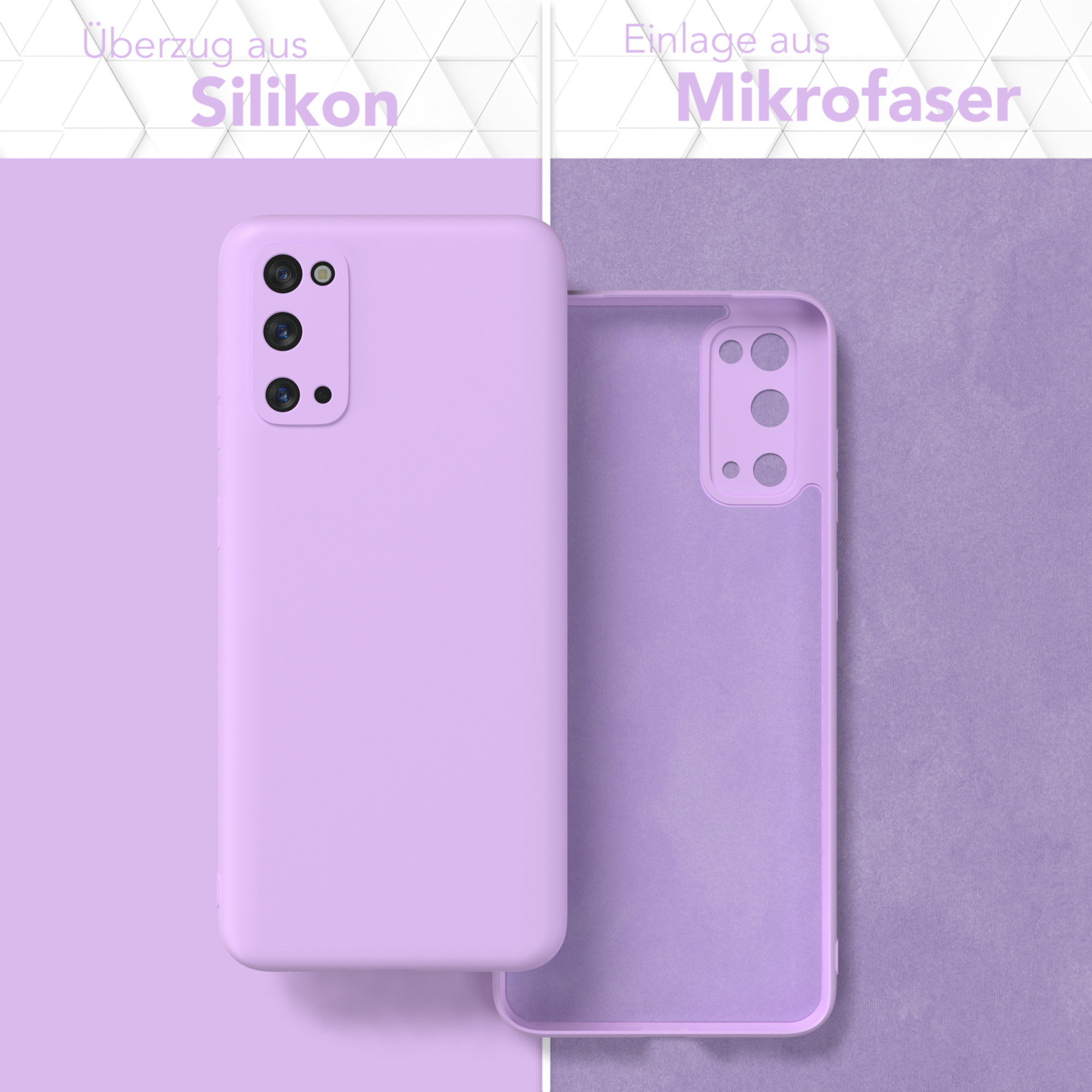 Lila Handyhülle und ihr Mikrofaser-Innenraum, die Kameraausschnitte und das Silikon-Äußere zeigen.