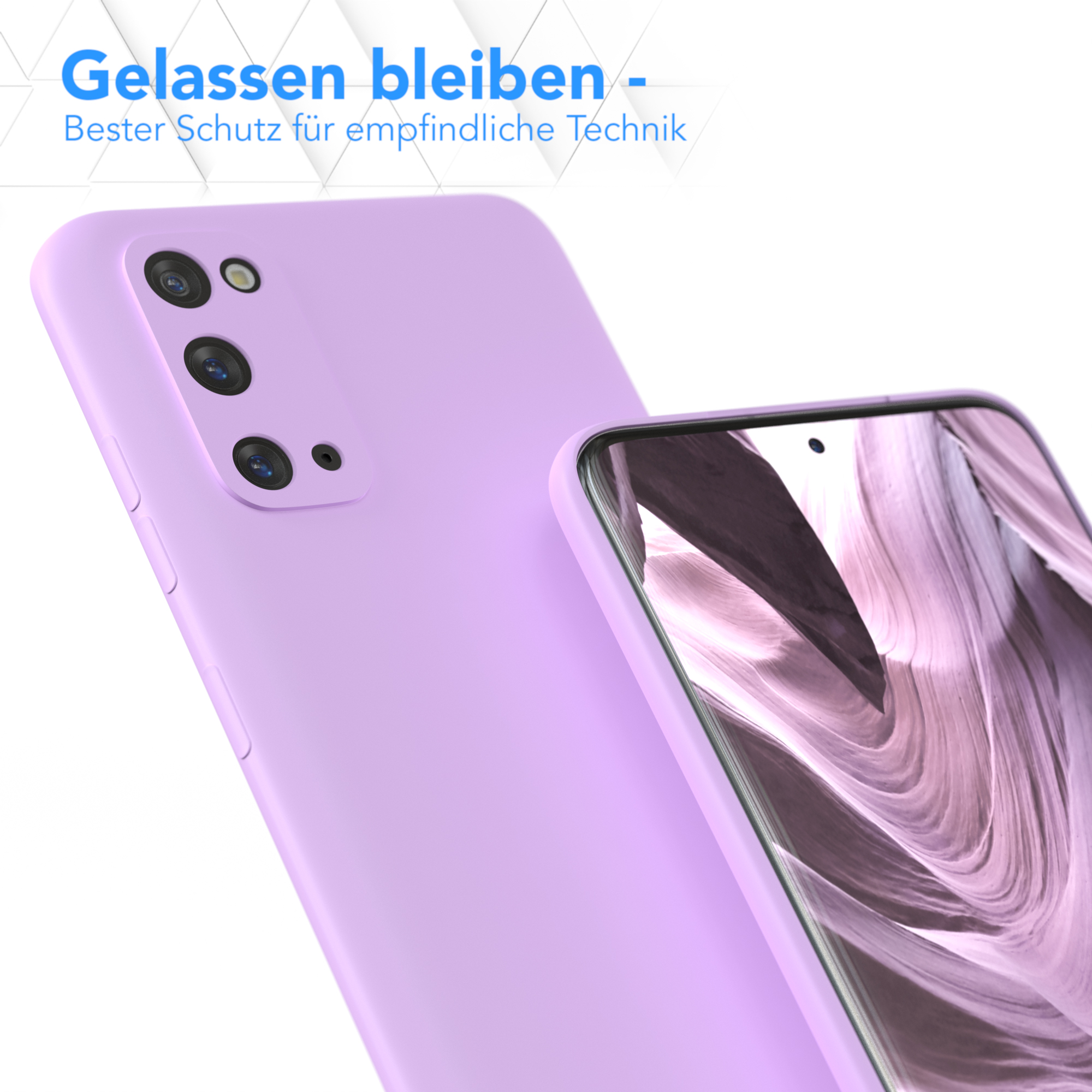 Nahaufnahme einer Handyhülle, mit einem Telefon darin. Die Hülle ist helllila. Der Hintergrund ist leicht unscharf.