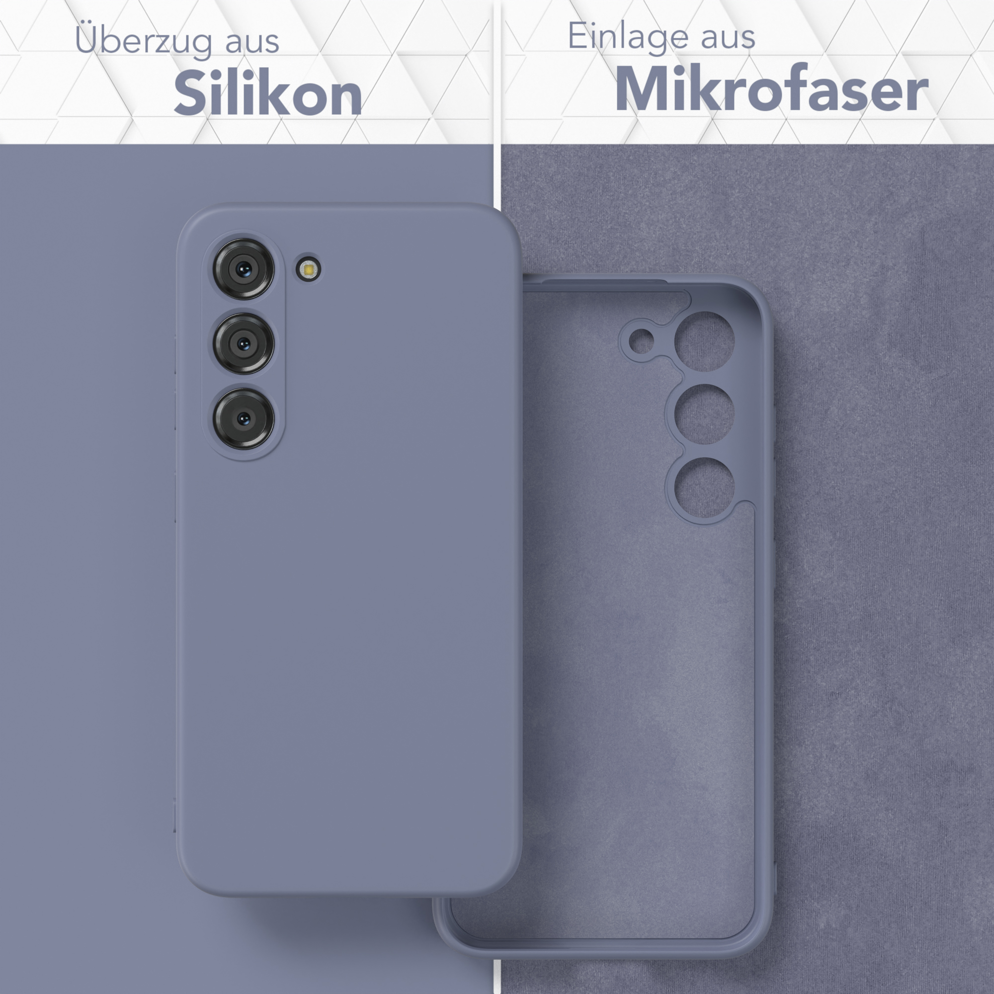 Eine blaue Handyhülle, die die Rückseite und die Innenseite zeigt. Die Innenseite ist Mikrofaser.