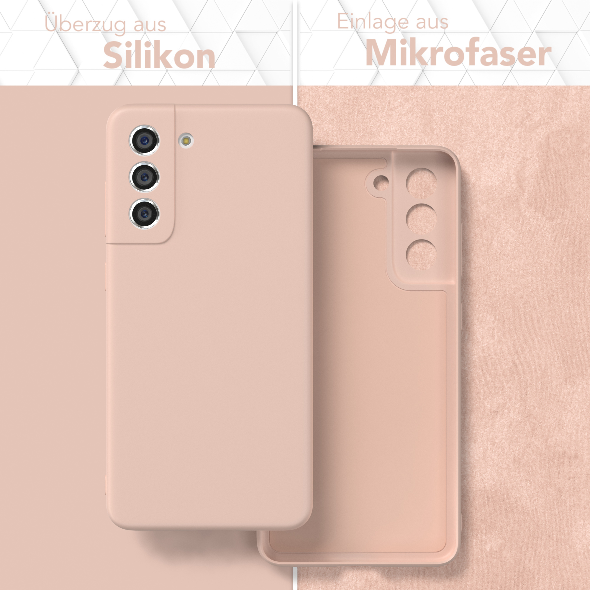 Zwei Handyhüllen, eine offen. Text: Überzug aus Silikon und Mikrofasr.