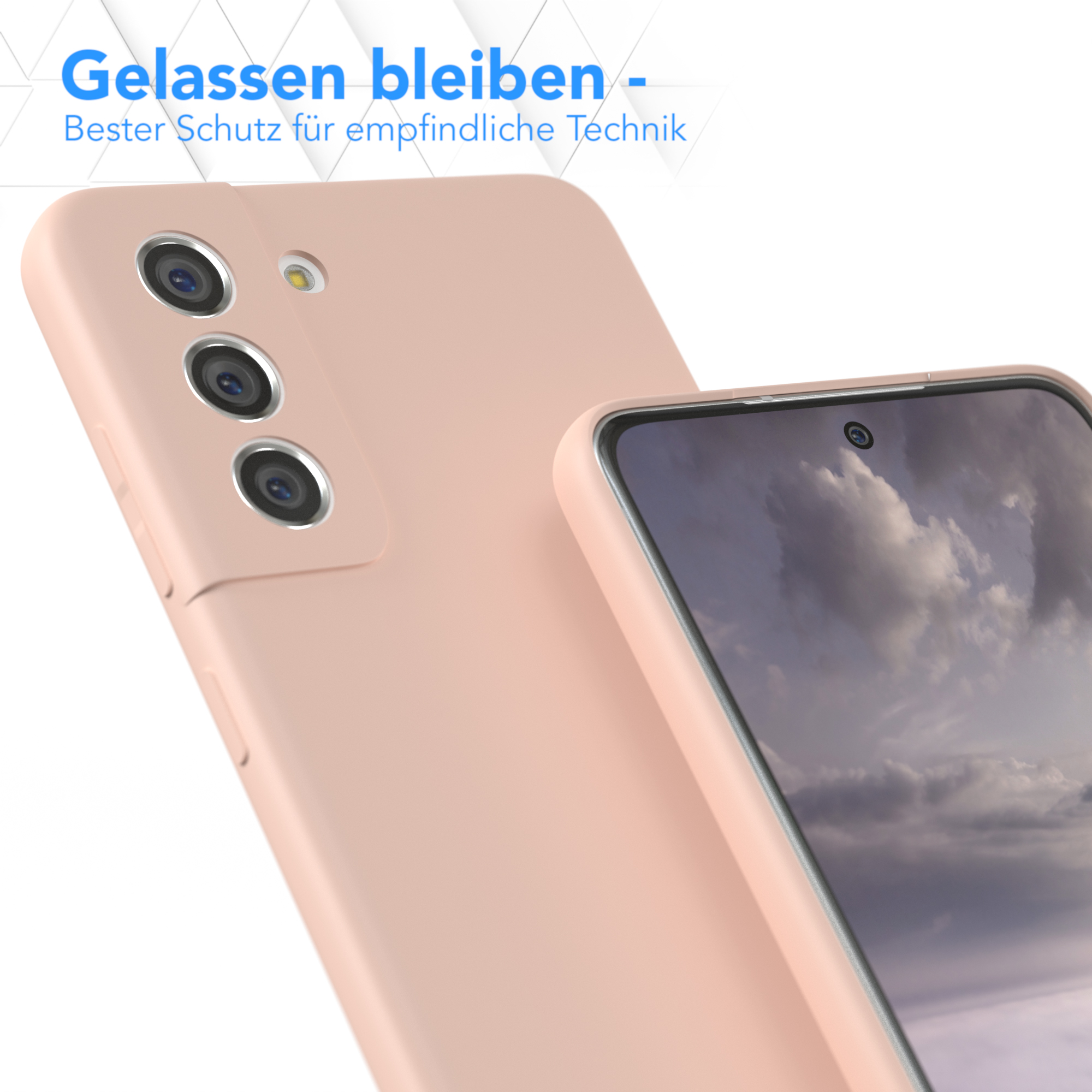 Eine rosa Handyhülle und ein Telefon, das die Rückseite des Telefons mit Kameras zeigt.