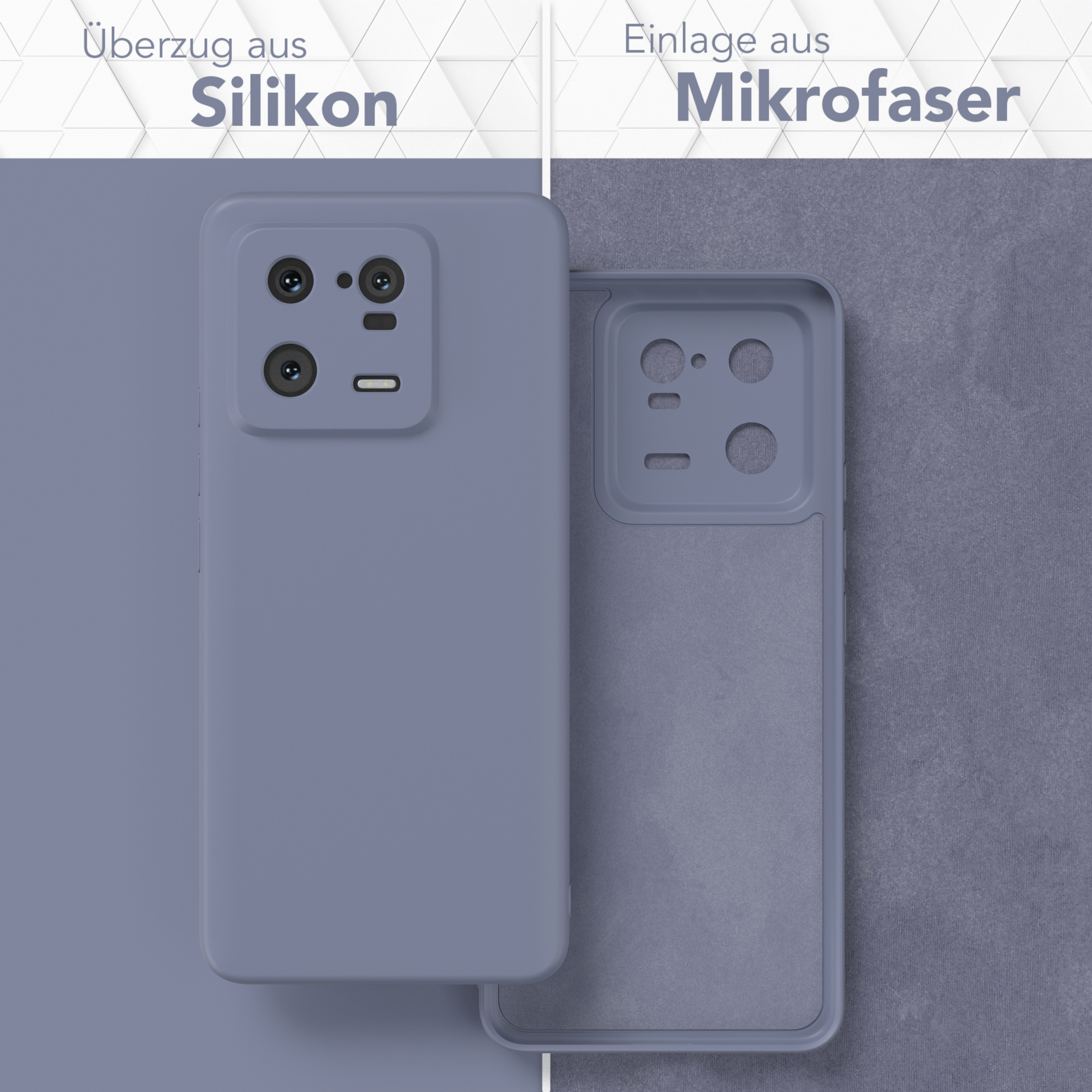 Blaue Handyhülle mit grauem Silikon außen und Mikrofaser innen. Weißer Hintergrund.