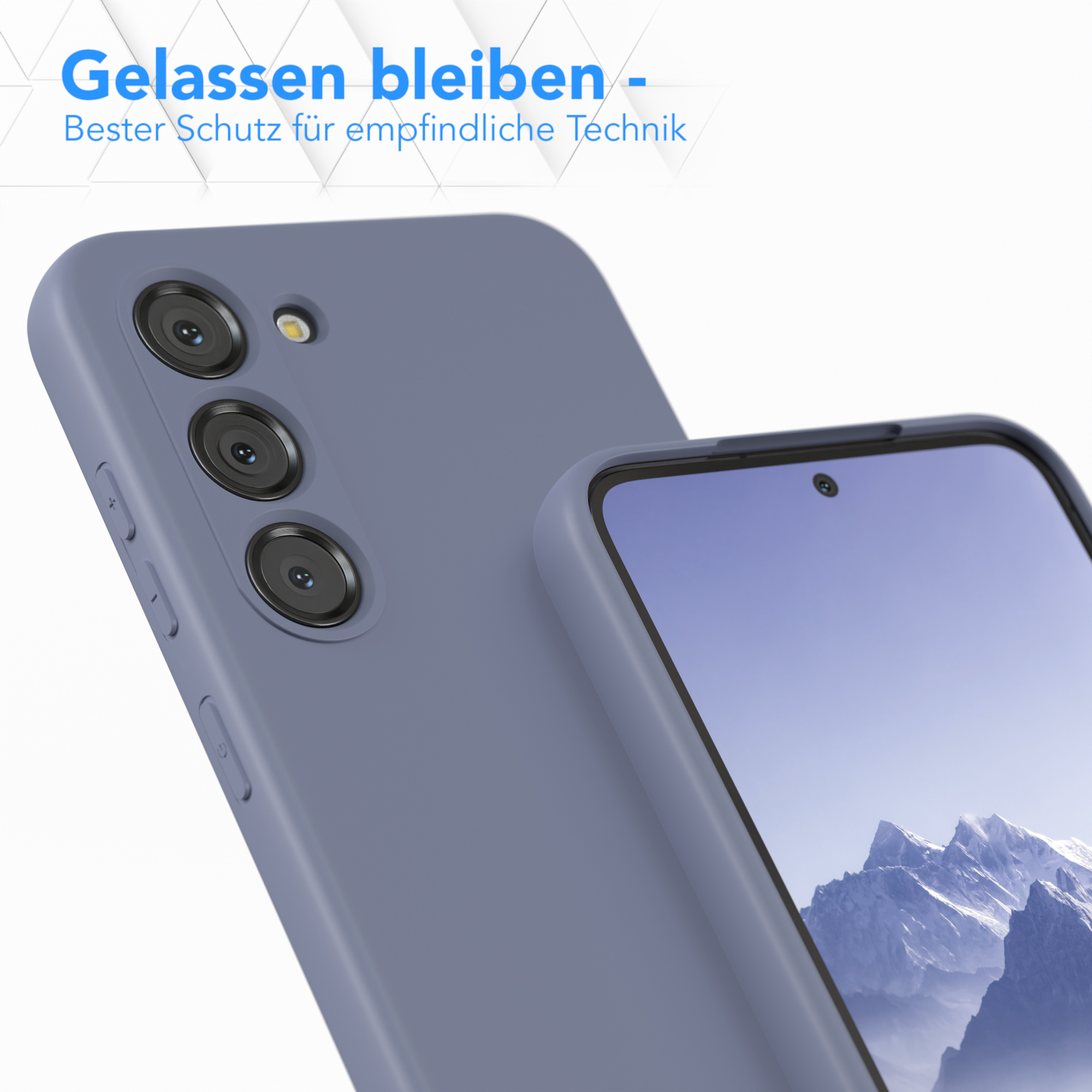 Schwarzes und blaues Armband für ein Smartphone mit Etiketten, die Größe und Funktionen angeben.
