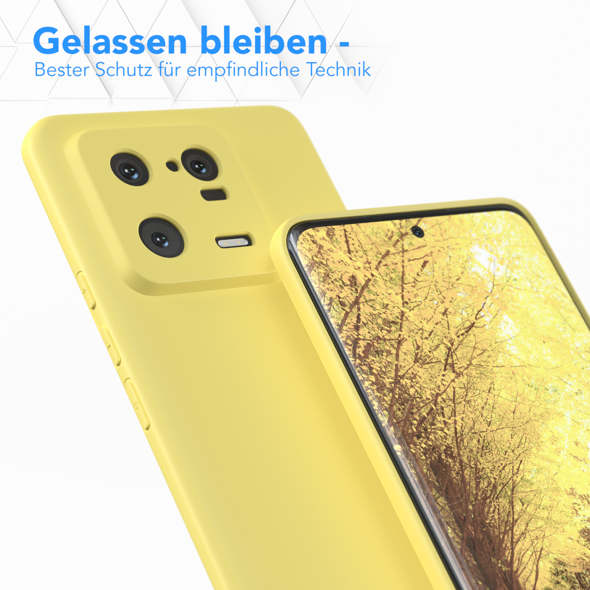 Gelbe Handyhülle mit Telefon darin. Nahaufnahme zeigt die Kamera des Telefons und gelben Hintergrund.