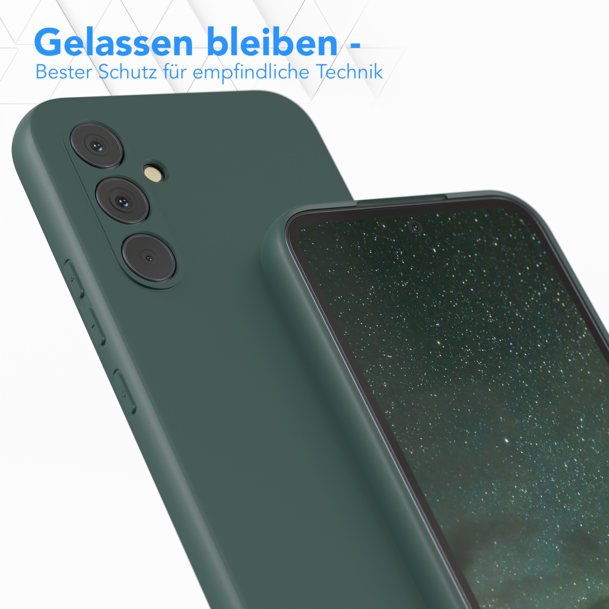 Dunkelgrüne Handyhülle mit Telefon. Der Text 'Gelassen bleiben' ist sichtbar.