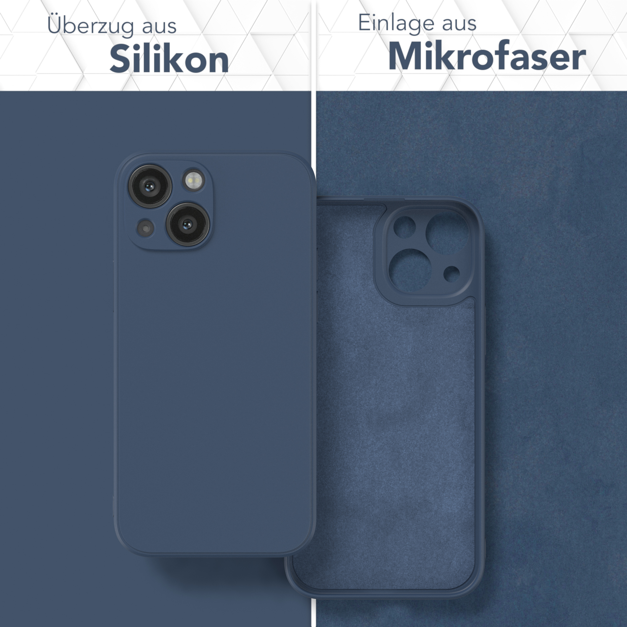 Blaue Handyhülle, mit Silikonhülle und Mikrofaser-Innenseite, offen gezeigt.