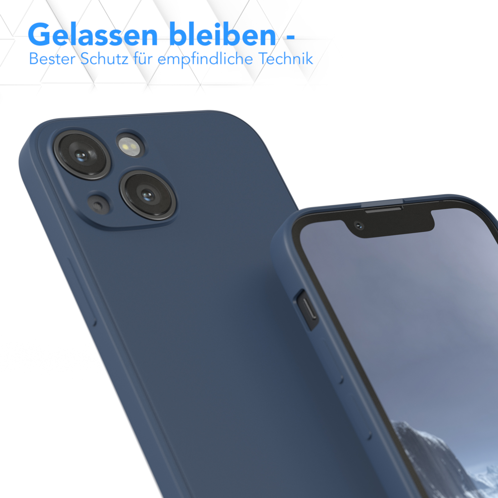 Eine blaue Handyhülle mit einem Telefon darin. Das Telefon ist rechts.