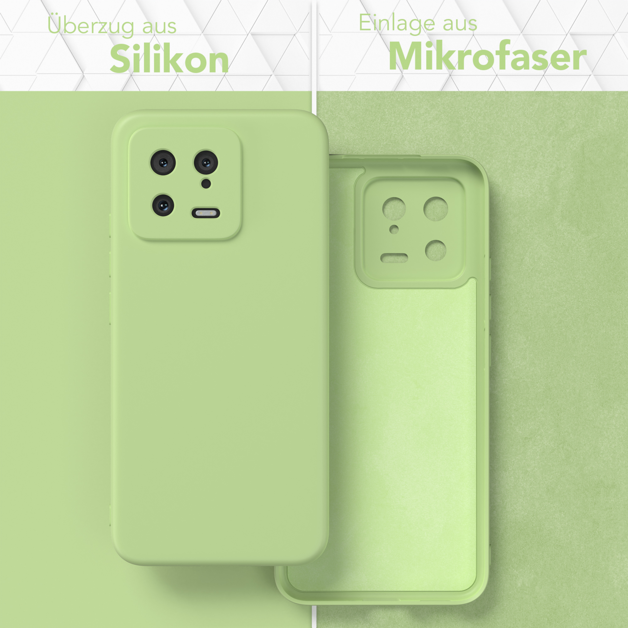 Zwei Handyhüllen, eine grün, eine offen mit grünem Innenraum. Der Text lautet Silikon und Mikrofaser.