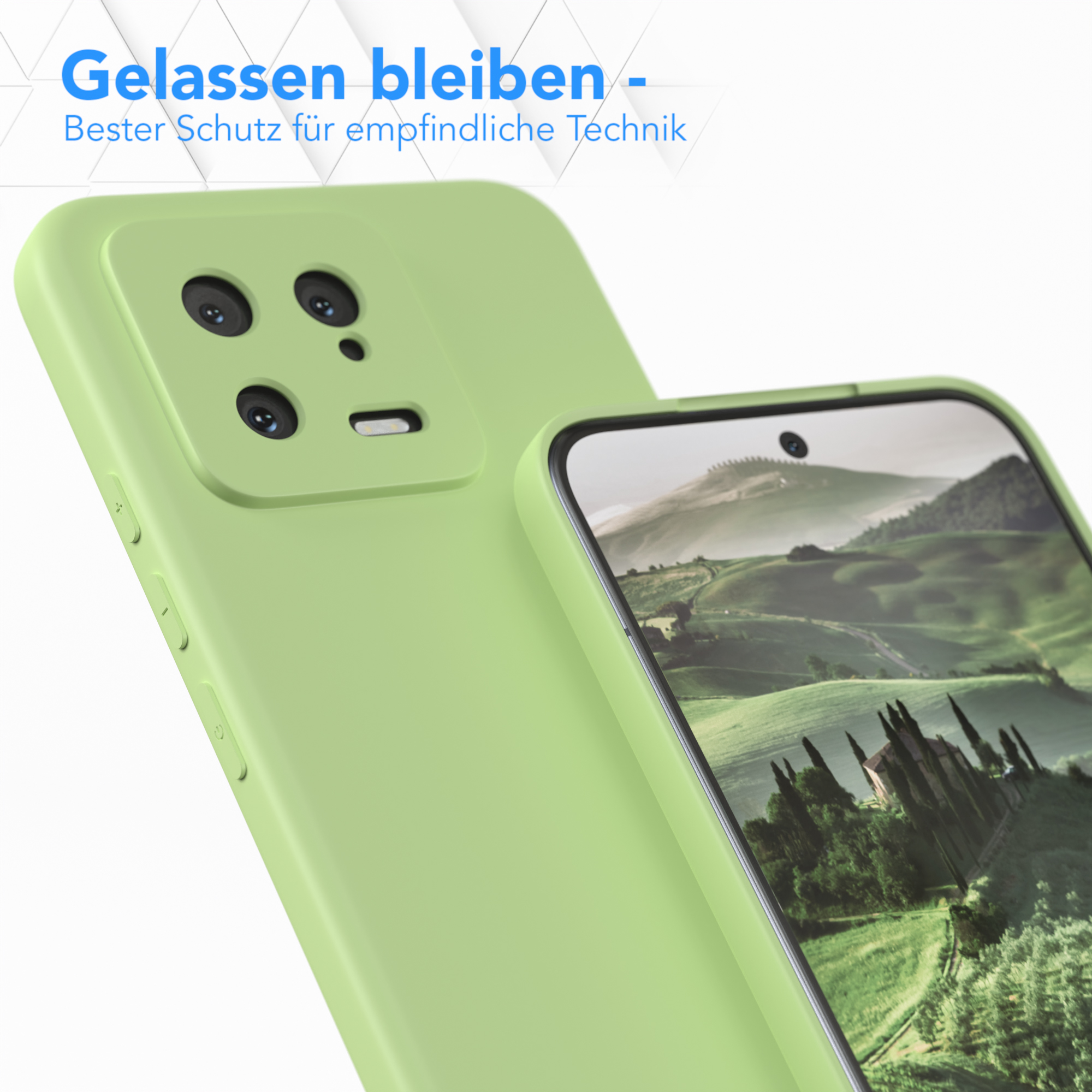 Grüne Handyhülle mit Telefon darin, auf weißem Hintergrund.