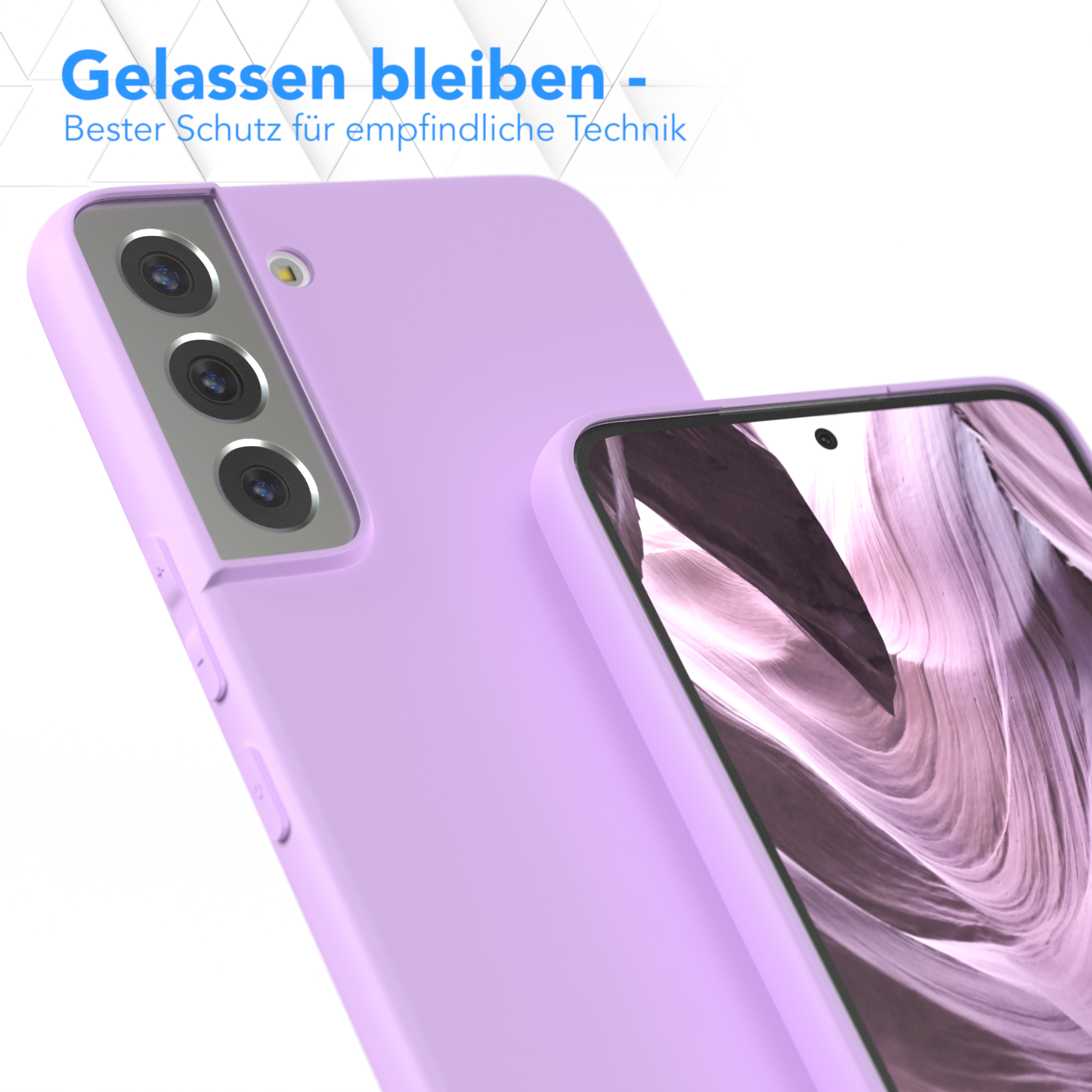 Nahaufnahme zeigt eine lavendelfarbene Handyhülle mit einem Telefon darin. Der Hintergrund ist weiß.