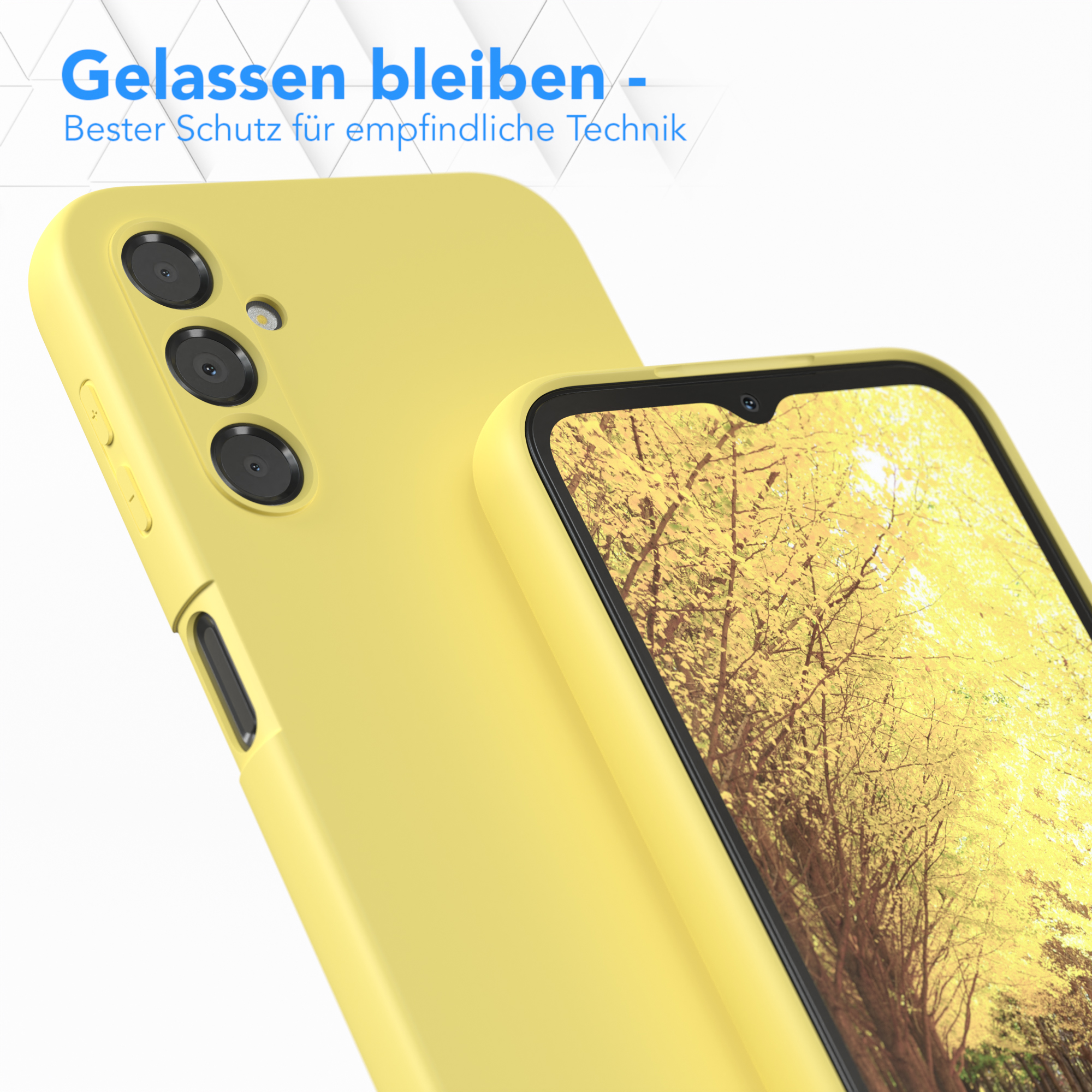 Gelbe Handyhülle auf weißer Oberfläche, Telefon mit gelbem und Baumhintergrund.