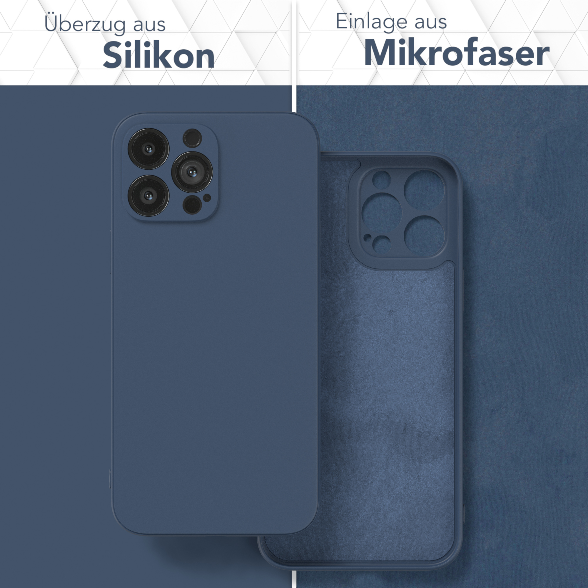 Zwei Handyhüllen, eine blau, eine mit sichtbarer Innenseite. Text sagt Silikon und Mikrofaser.
