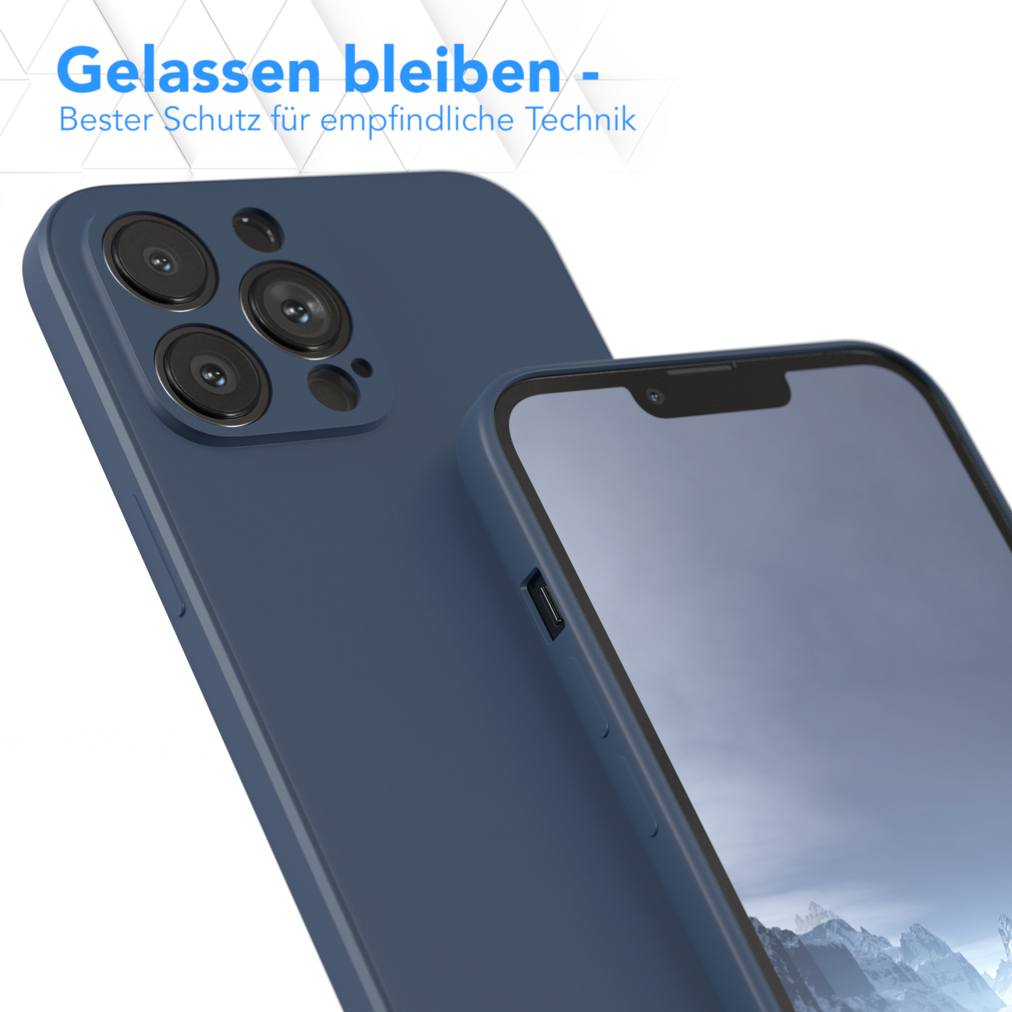 Blaue Handyhülle mit Telefon darin, die Kameras des Telefons zeigend.