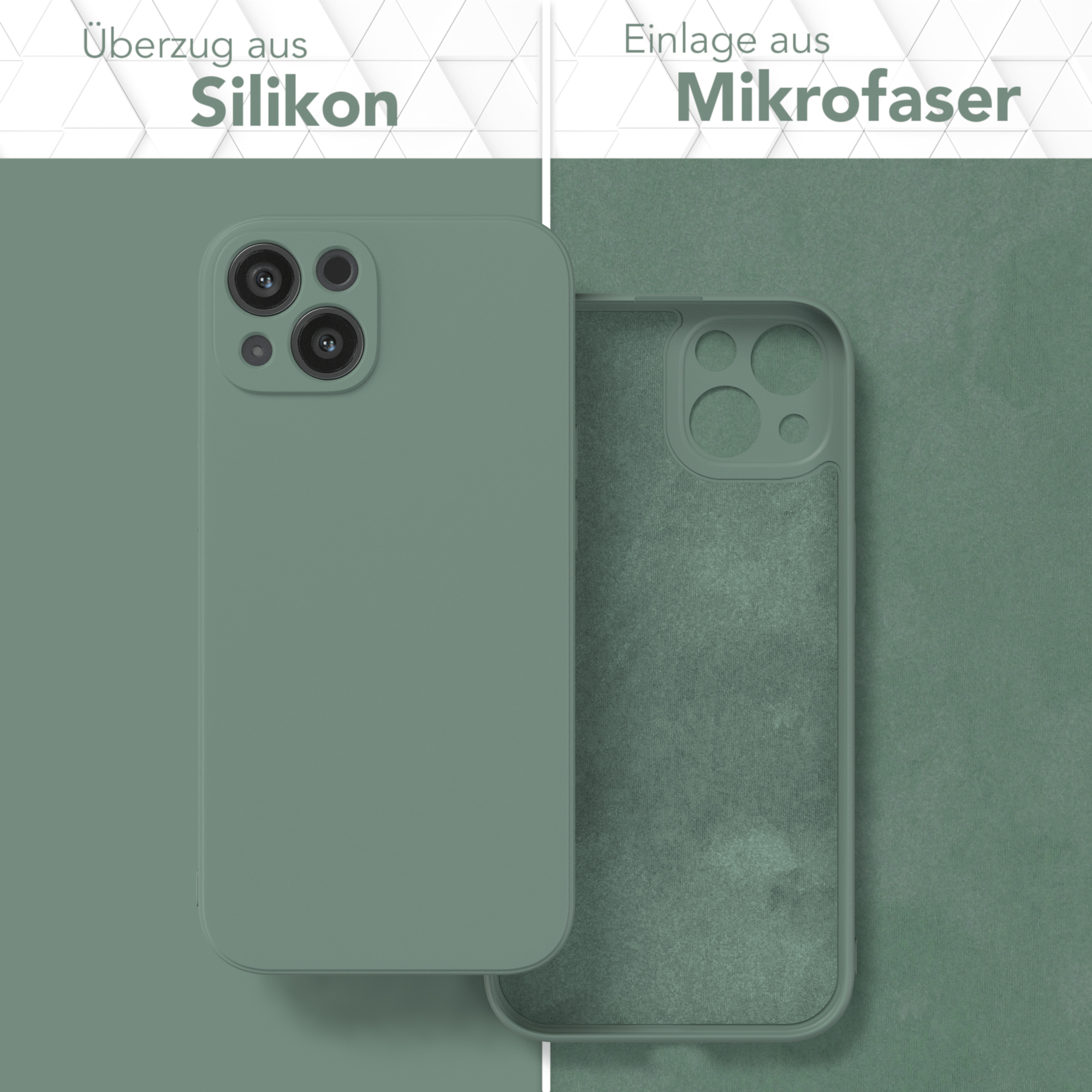 Grüne Handyhülle, in zwei Hälften geteilt. Die linke Seite zeigt das Telefon. Die rechte Seite zeigt die Innenseite.