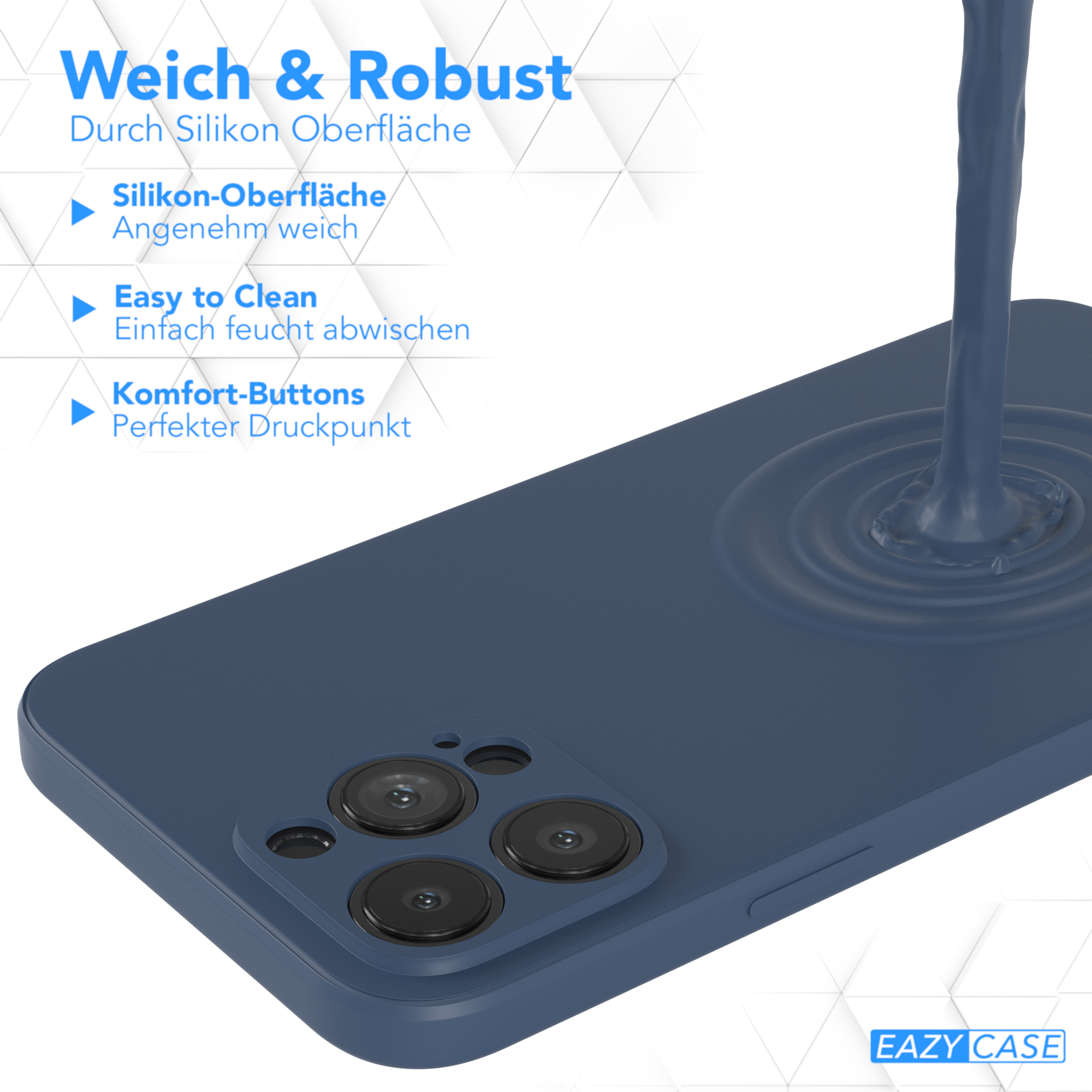 Blaue Handyhülle mit Text 'EAZY CASE' und blauer Flüssigkeit.
