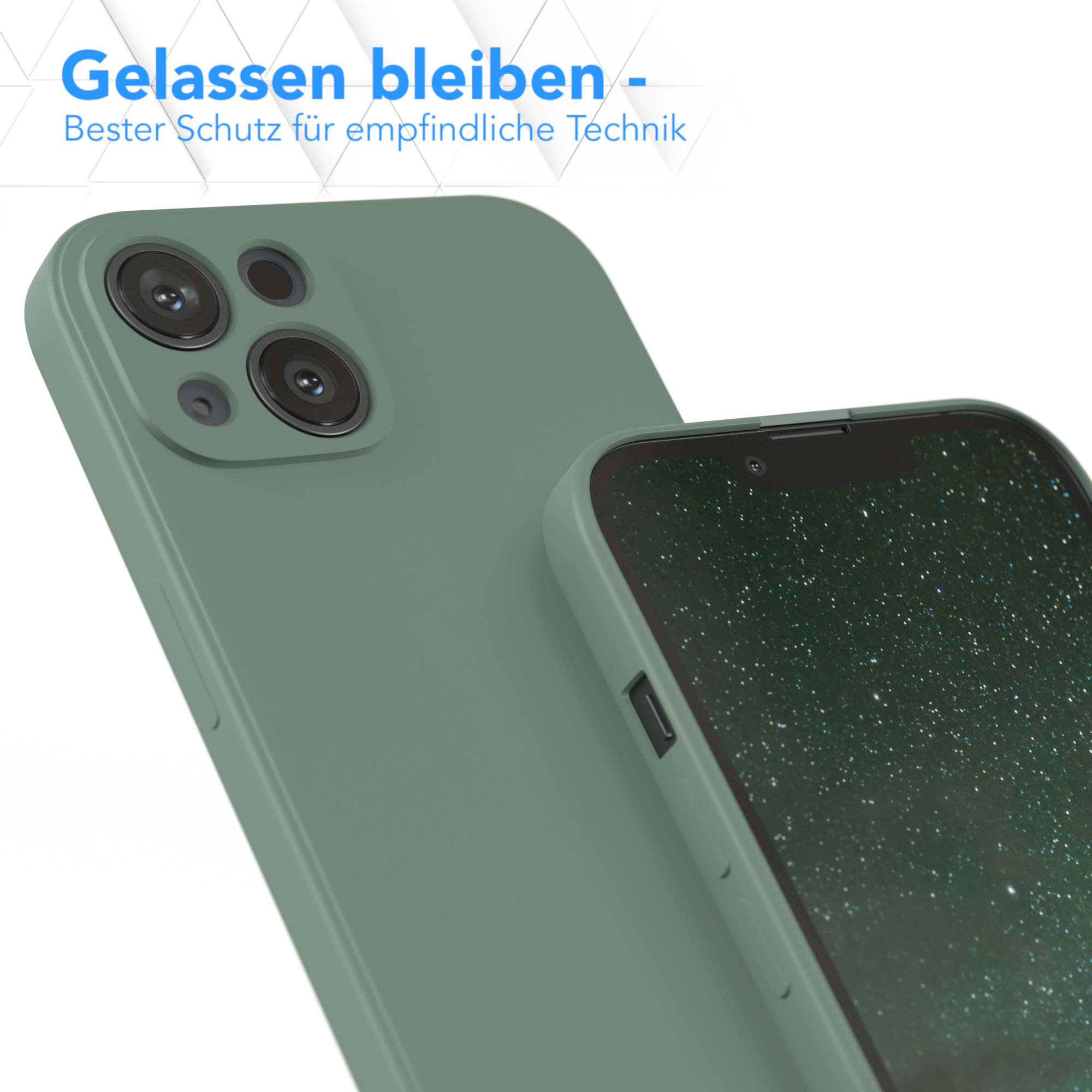 Grüne Handyhülle, die ein Telefon schützt. Text: Gelassen bleiben - Bester Schutz.