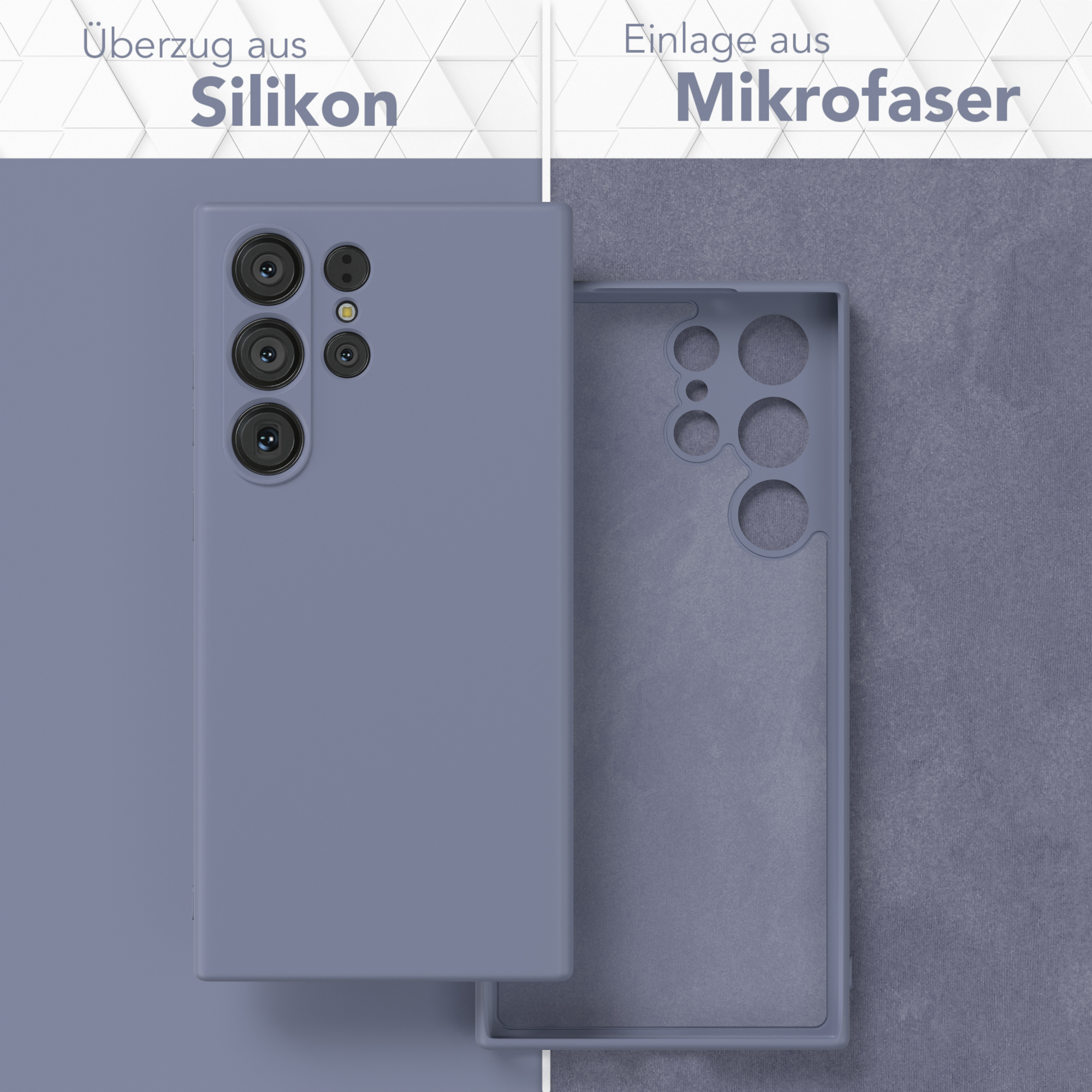 Blaue Handyhülle mit Telefon und Mikrofaser-Innenraum.