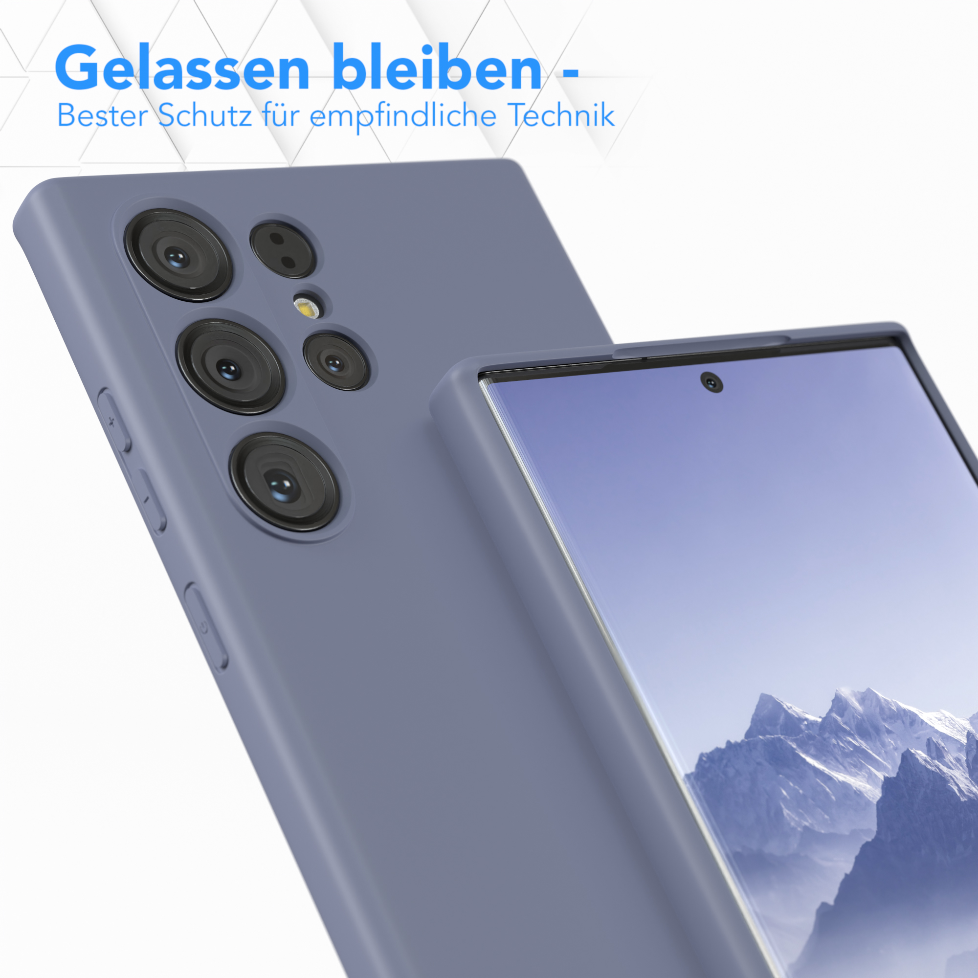 Ein Telefon in einer blauen Hülle neben einem anderen in einer anderen Hülle, mit Textüberlagerungen auf weißem Hintergrund.