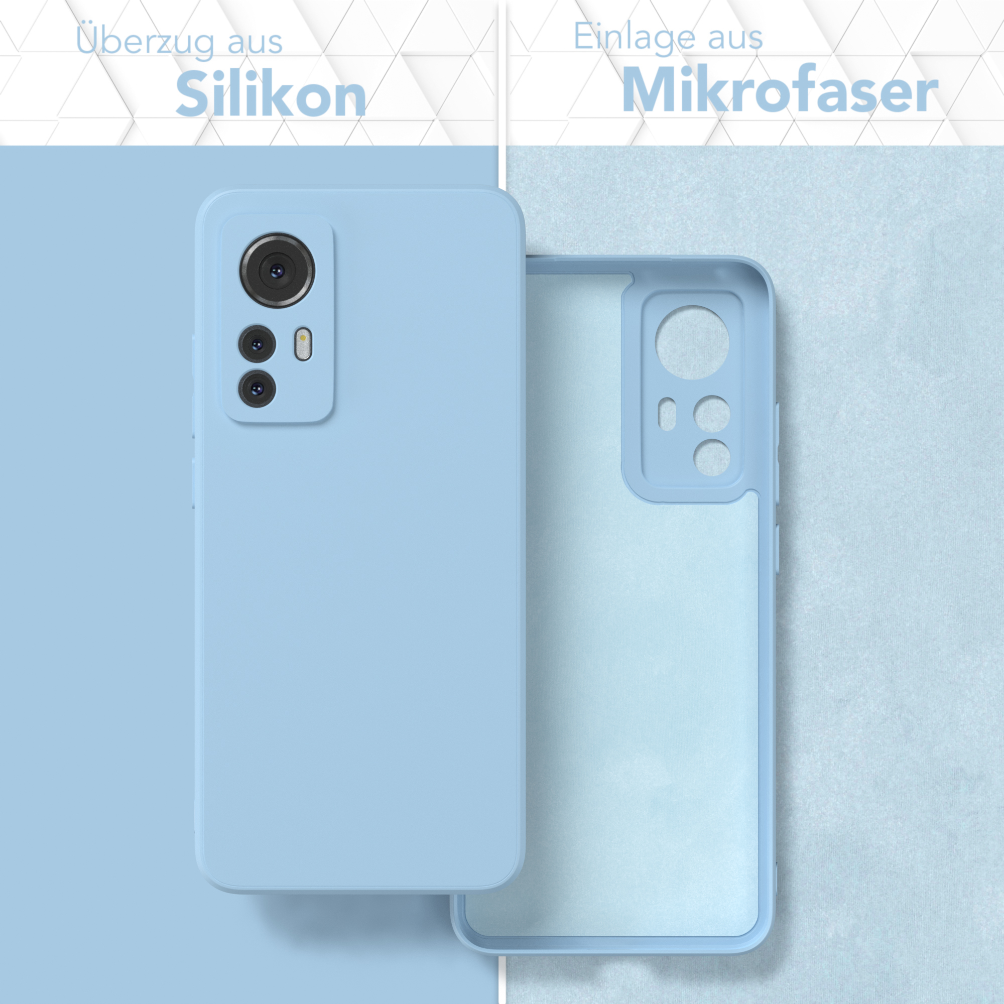 Hellblaue Handyhülle mit hellblauem Telefon. Hülle ist geöffnet, um das Mikrofaserfutter zu zeigen.