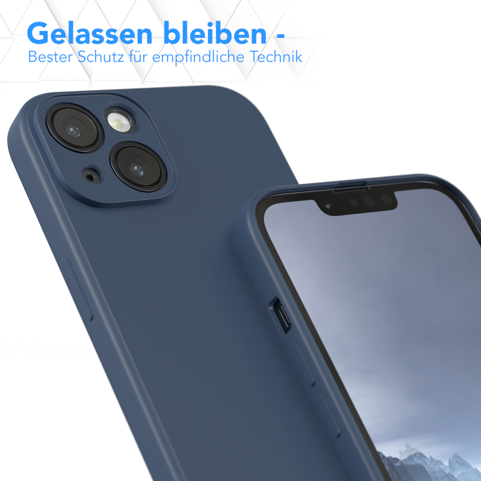 Blaue Handyhülle. Telefon sichtbar. Text: 'Entspannt bleiben - Bester Schutz für Technik'.