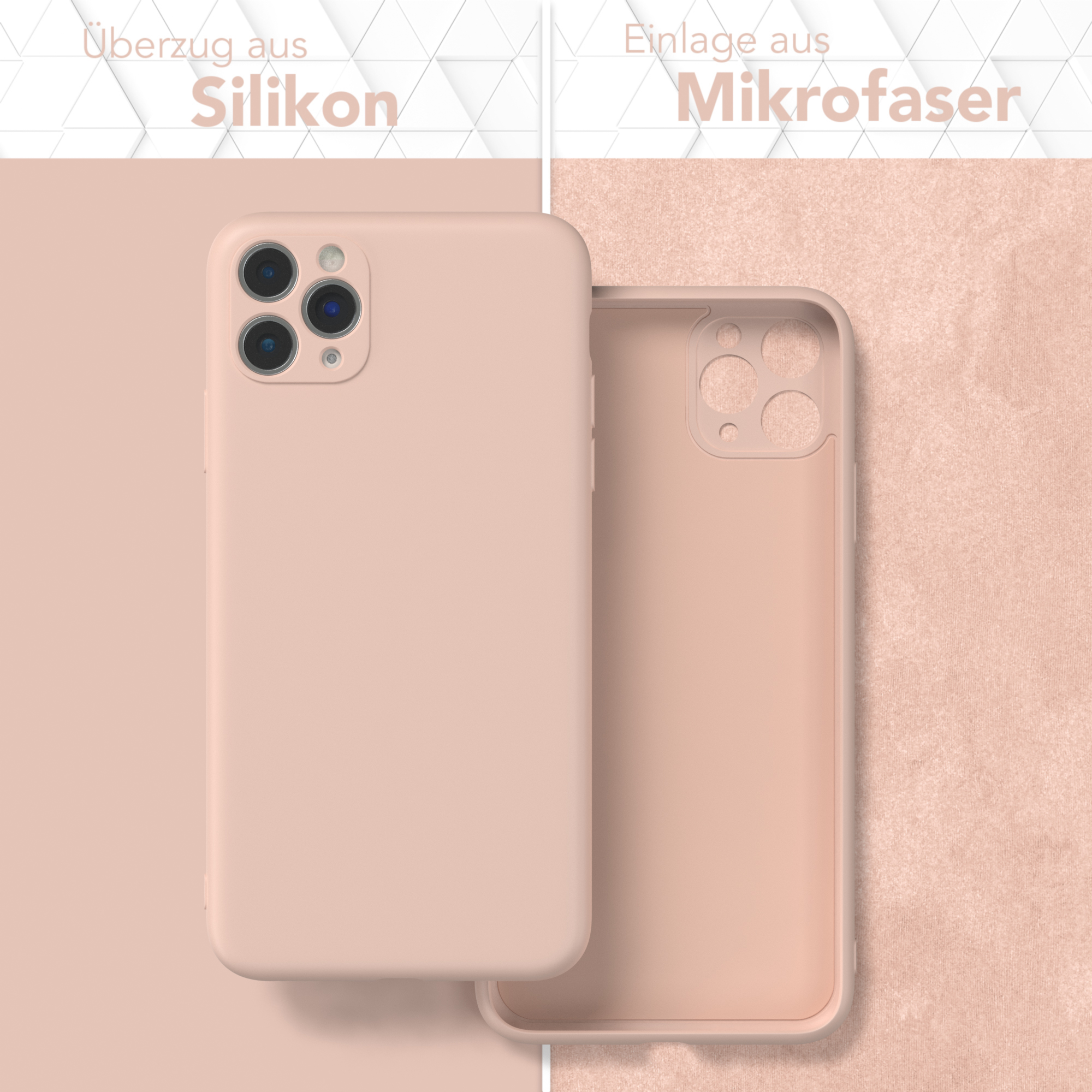 Eine hellrosa Handyhülle. Links die Hülle am Telefon, rechts die Hülle allein, mit rosa Hintergrund.