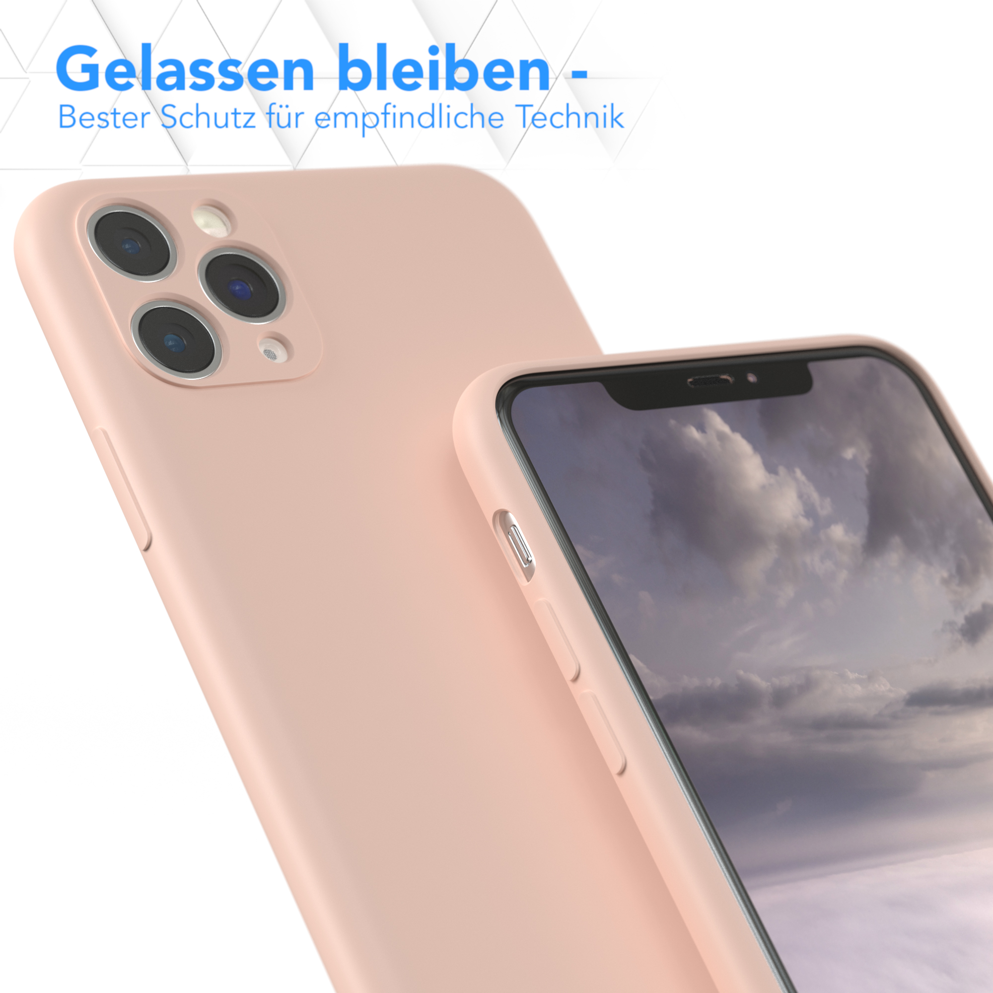 Eine hellrosa Handyhülle und ein Handy mit einem Bildschirm, der eine verschwommene Landschaft zeigt.