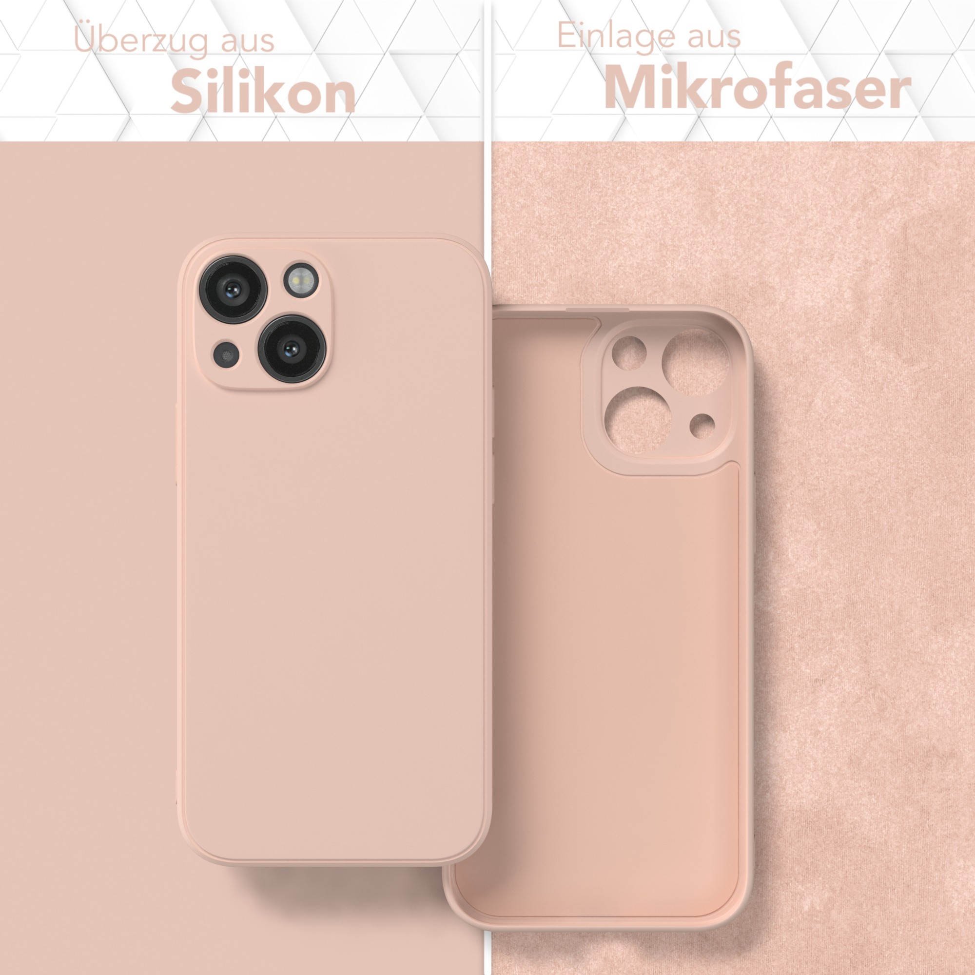Zwei rosafarbene Handyhüllen, die die Außenseite und Innenseite mit einem Mikrofaser-Innenraum zeigen.