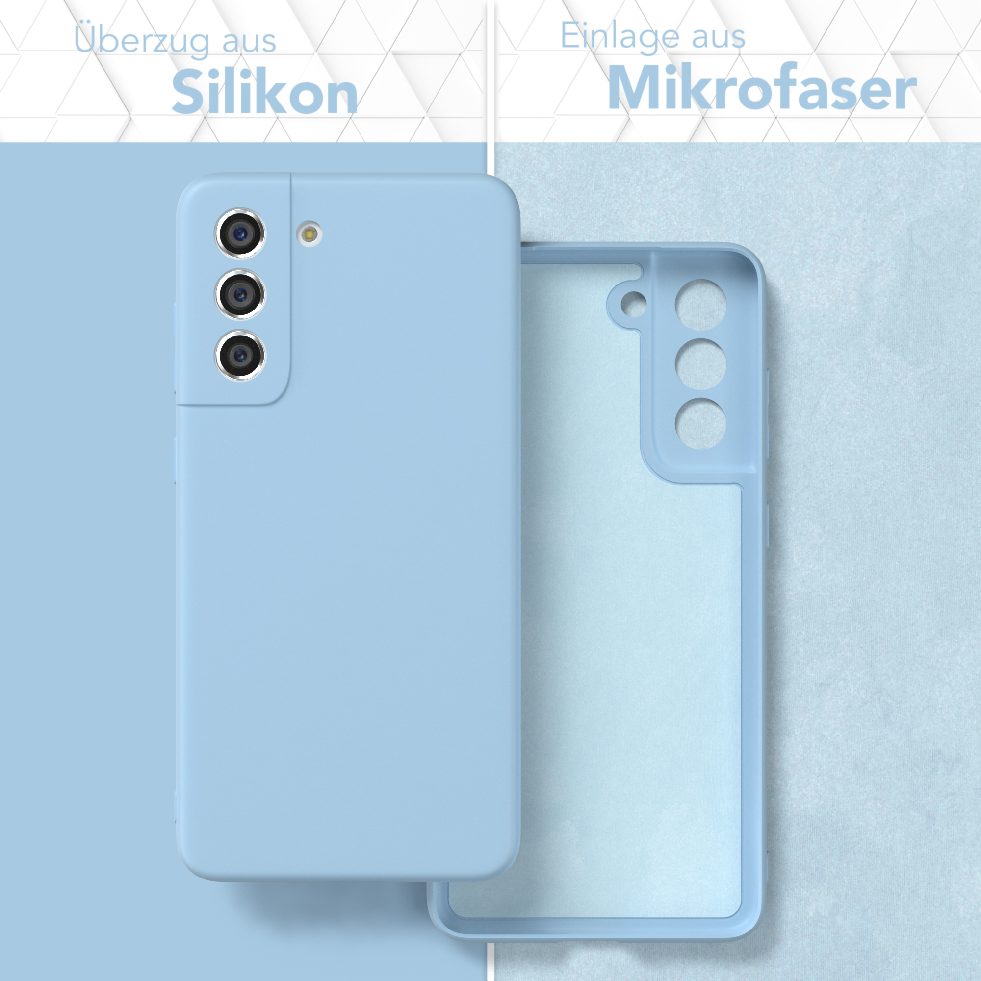 Zwei Handyhüllen, hellblau, transparent, beide zeigen Silikon- und Mikrofaser.