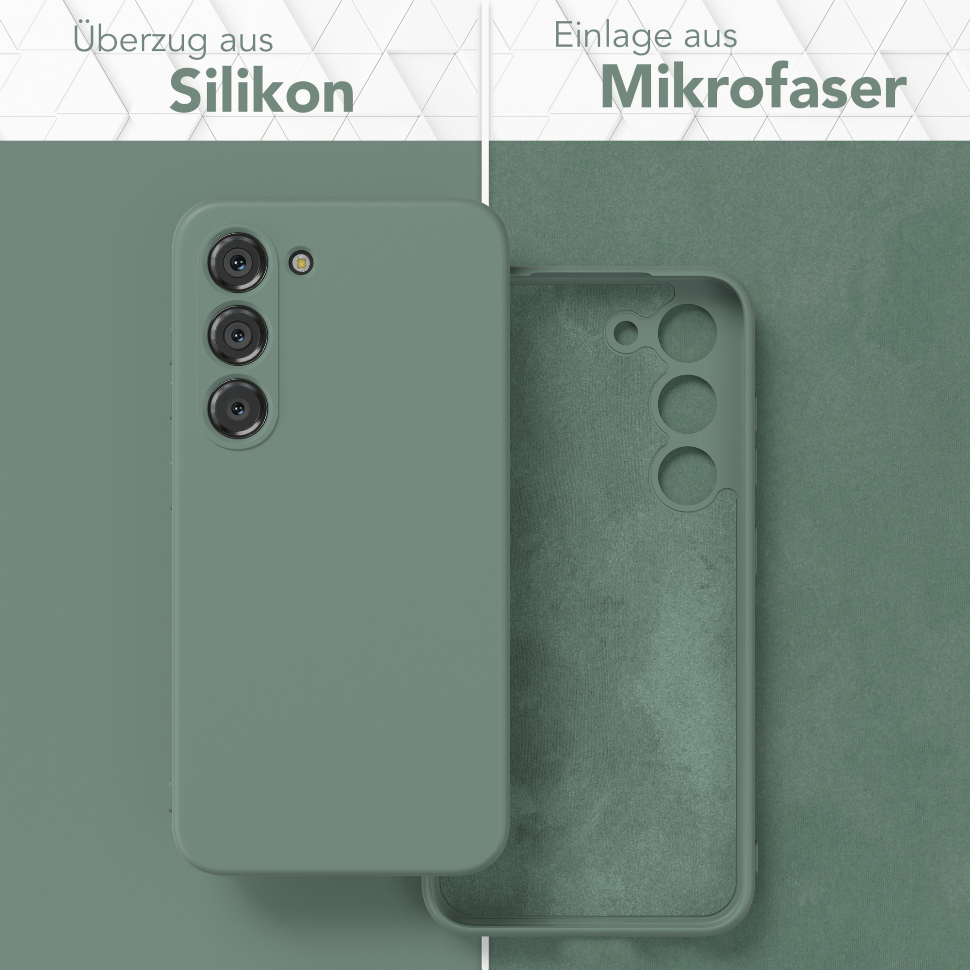 Zwei Handyhüllen: eine grüne, eine offen, um ein Mikrofaser-Interieur zu zeigen. Texte zeigen Silikon und Mikrofaser.