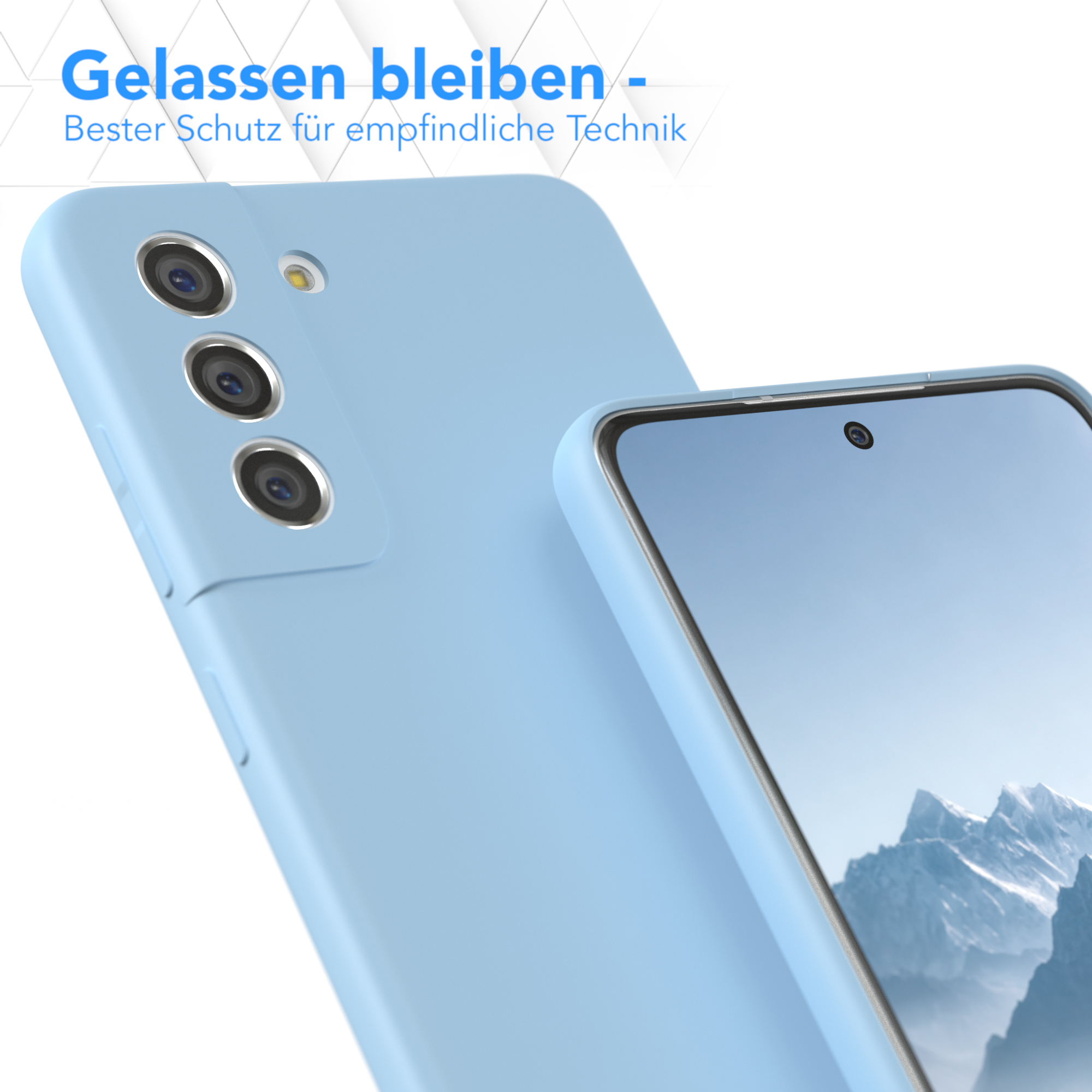 Hellblaue Handyhülle neben einem Handy, das den Bildschirm zeigt. Text oben auf Deutsch.