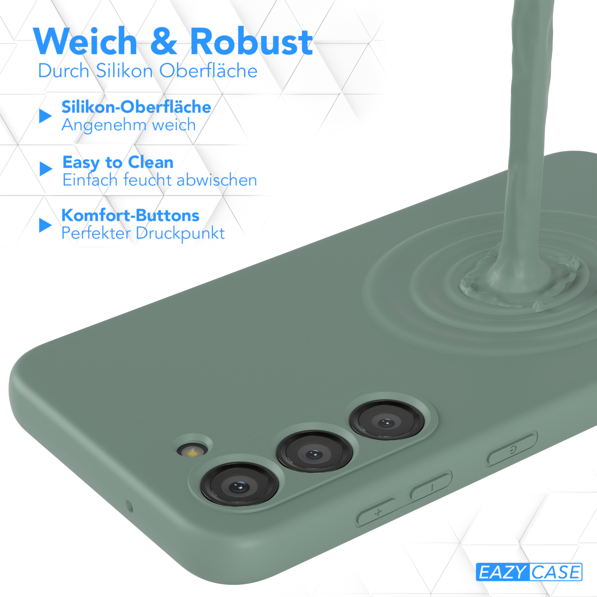 Eine grüne Handyhülle mit Wasser, das darauf gegossen wird. Zeigt die weiche Oberfläche und Tasten.