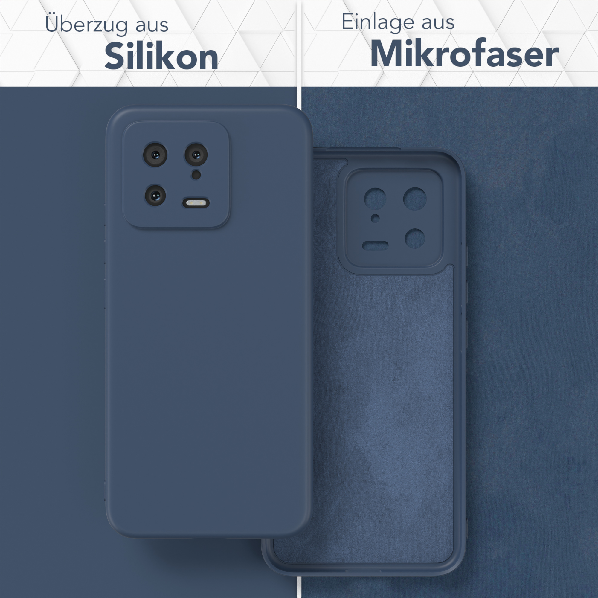 Zwei Hälften einer Handyhülle, außen blau und innen Mikrofaser. Ein Telefon passt hinein.