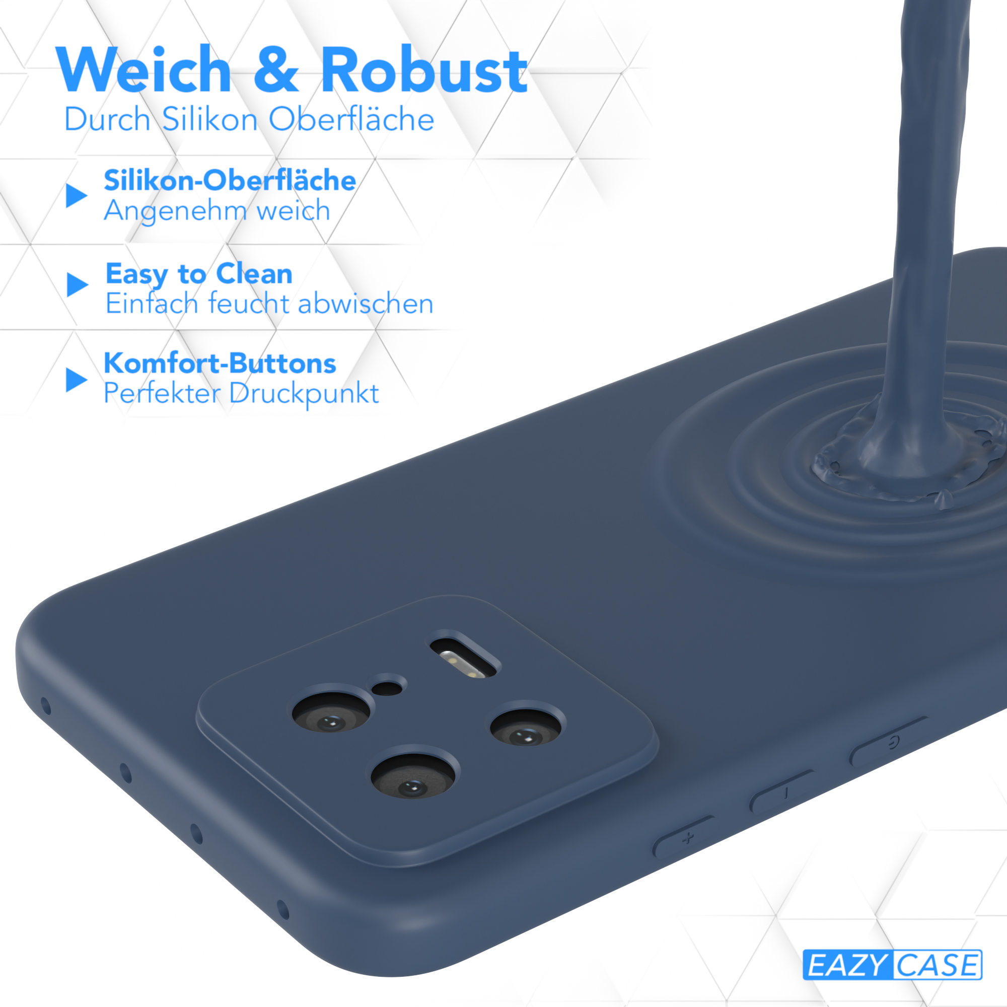 Dunkelblaue Handyhülle mit fließendem Material und dem Text 'Weich & Robust'.