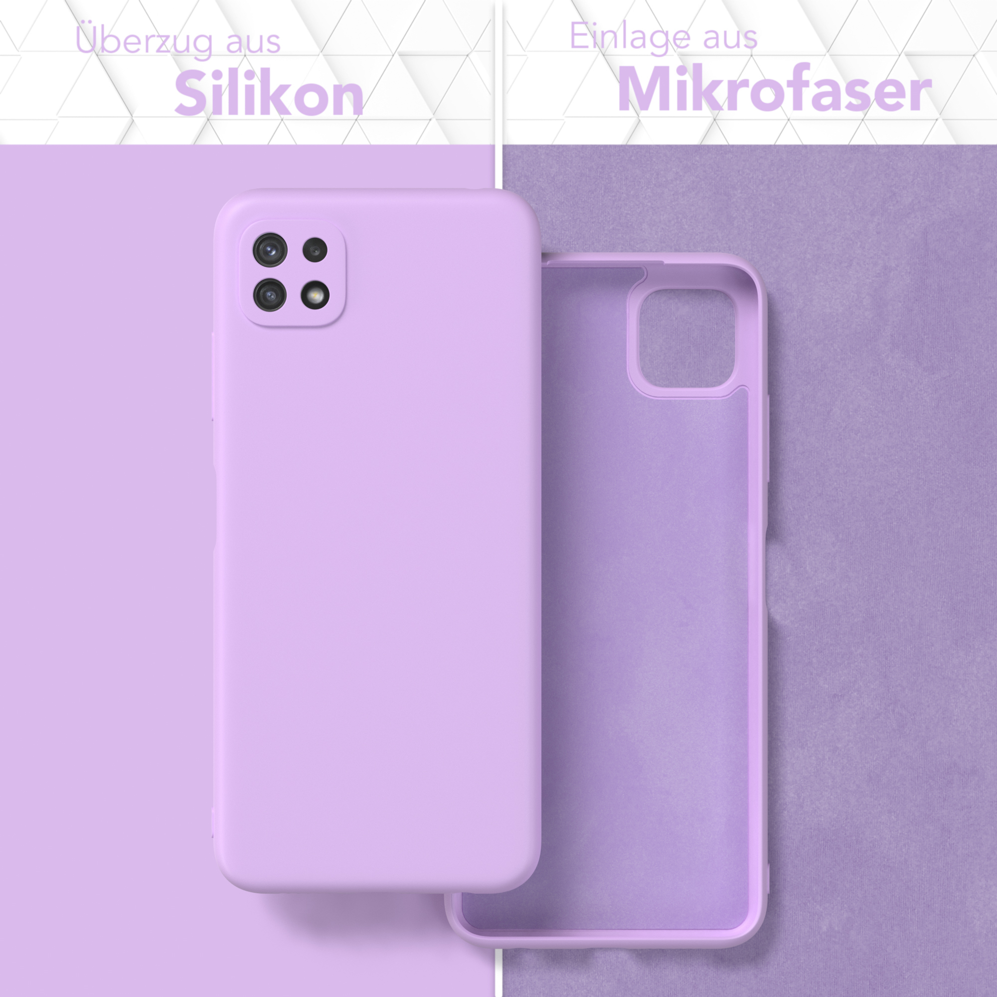 Eine hellviolette Handyhülle mit hellviolettem Innenraum. Der Hintergrund ist ebenfalls lila.