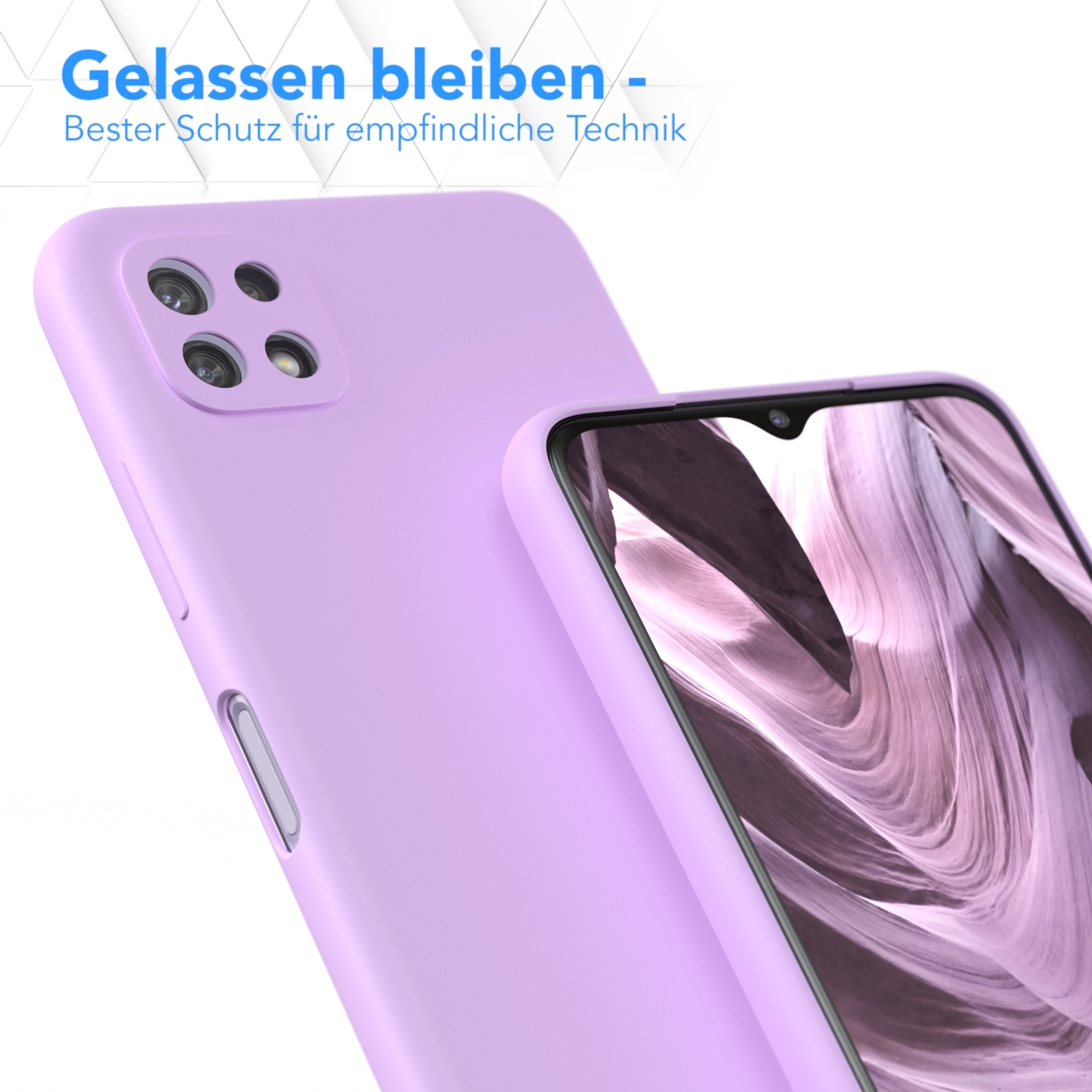Nahaufnahme einer lila Handyhülle und des Bildschirms des Telefons, mit Text: Bester Schutz für empfindliche Technik.