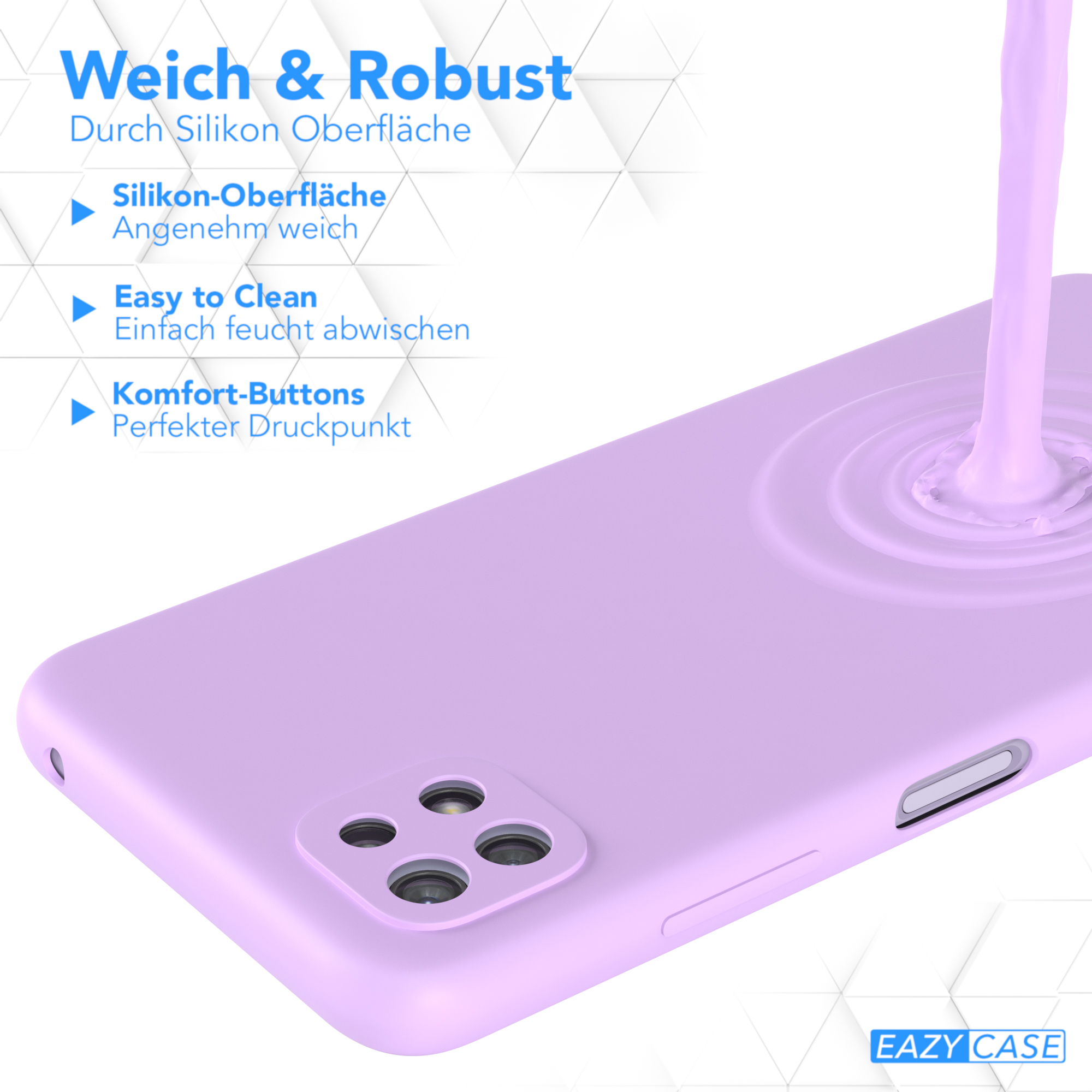 Eine rosa Flüssigkeit wird auf eine Handyhülle gegossen. Text beschreibt das Produkt als weich und leicht zu reinigen.