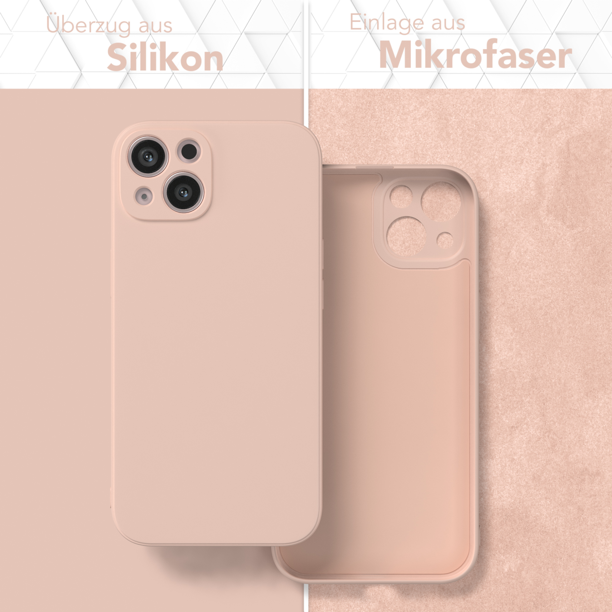 Eine Handyhülle und ihr Mikrofaserfutter, mit Text: Silikonhülle und Mikrofaserfutter.
