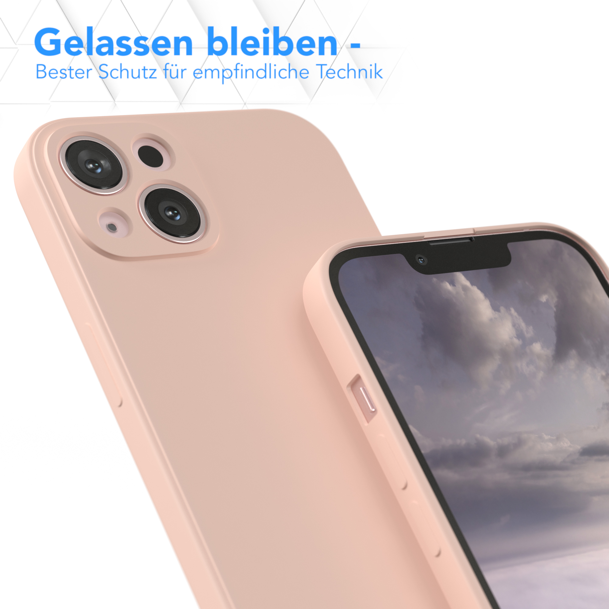 Rosafarbene Handyhülle. Telefon sichtbar. Text: 'Entspannt bleiben - Bester Schutz'.